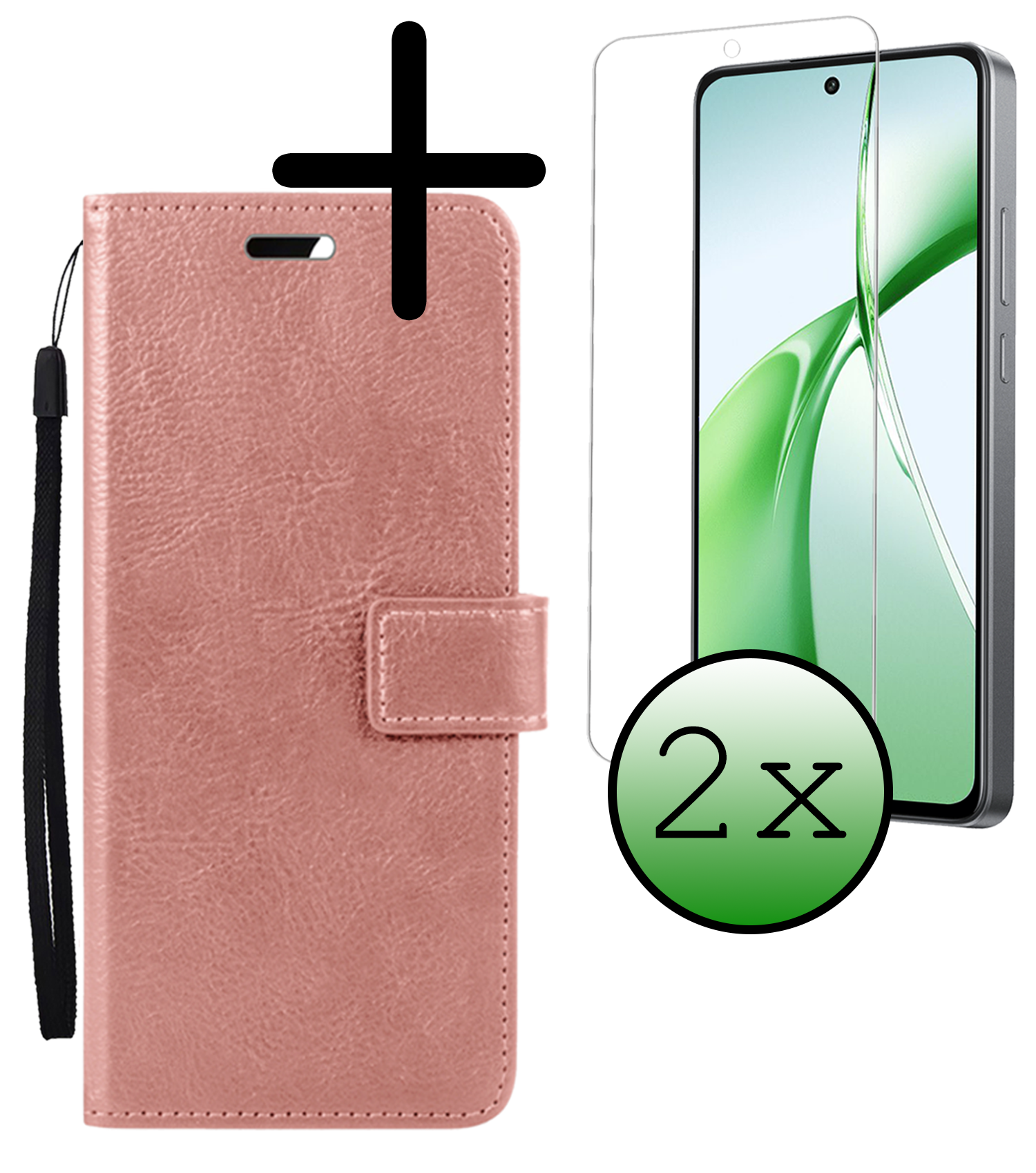 BASEY. Hoesje Geschikt voor OnePlus Nord CE4 Hoesje Book Case Hoes Portemonnee Cover Walletcase Met 2x Screenprotector - Hoes Geschikt voor OnePlus Nord CE4 Hoes Bookcase Hoesje - Rosé goud