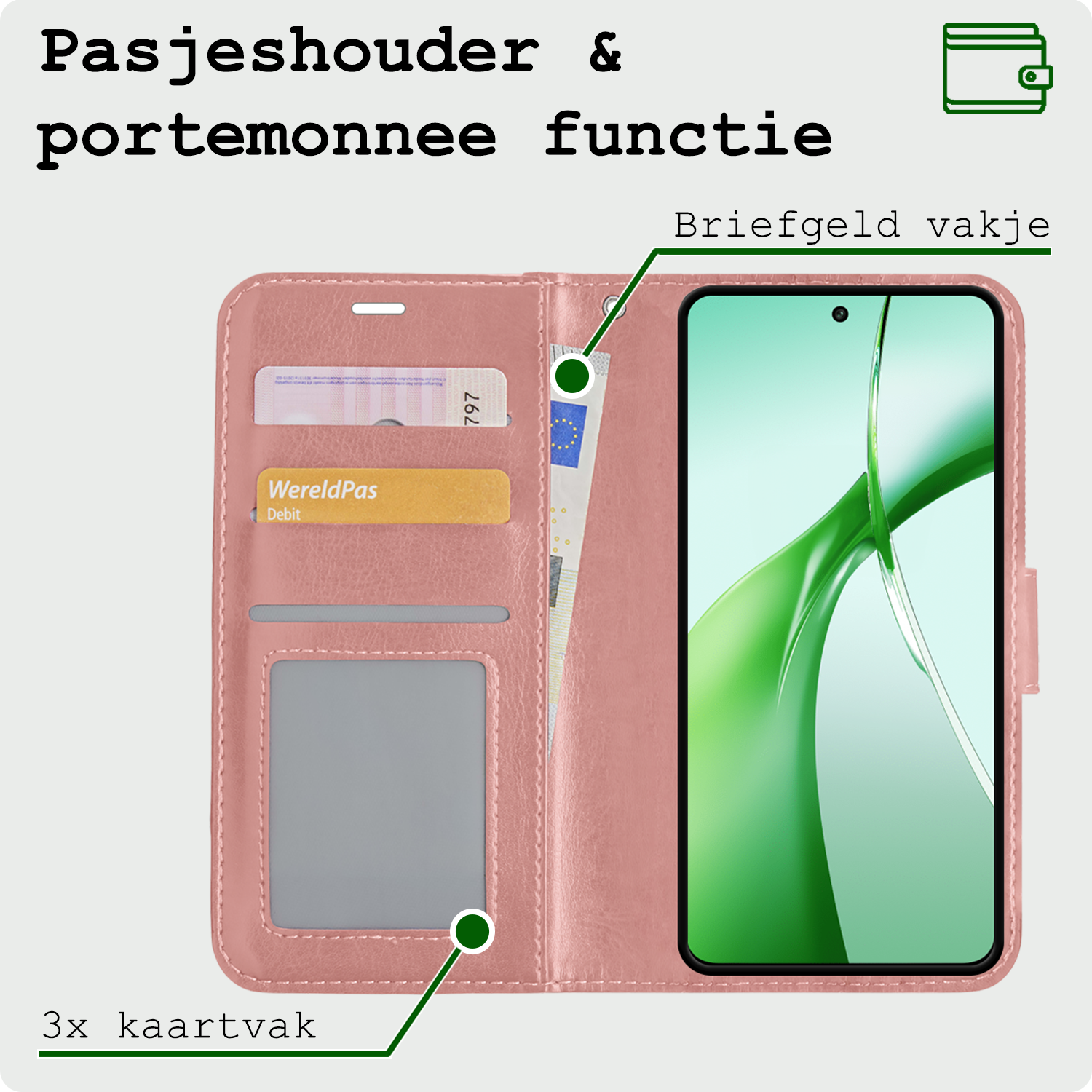 BASEY. Hoesje Geschikt voor OnePlus Nord CE4 Hoesje Book Case Hoes Portemonnee Cover Walletcase Met 2x Screenprotector - Hoes Geschikt voor OnePlus Nord CE4 Hoes Bookcase Hoesje - Rosé goud