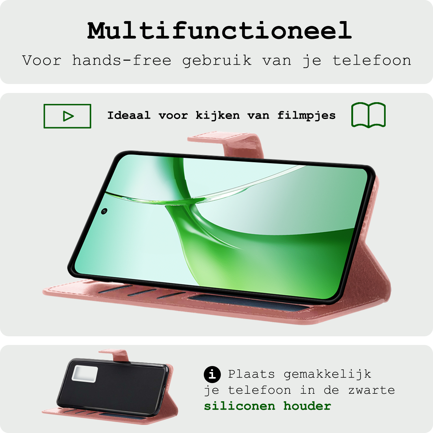 BASEY. Hoesje Geschikt voor OnePlus Nord CE4 Hoesje Book Case Hoes Portemonnee Cover Walletcase Met 2x Screenprotector - Hoes Geschikt voor OnePlus Nord CE4 Hoes Bookcase Hoesje - Rosé goud