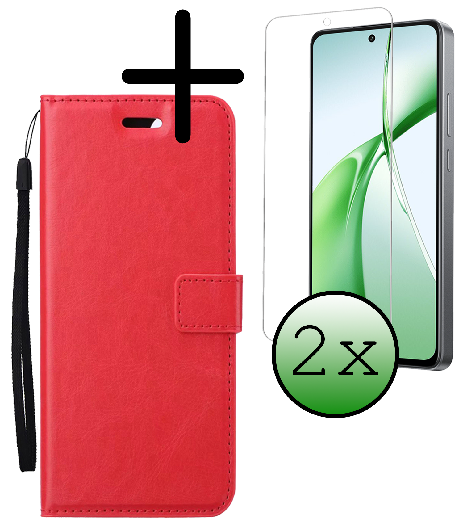 BASEY. Hoesje Geschikt voor OnePlus Nord CE4 Hoesje Book Case Hoes Portemonnee Cover Walletcase Met 2x Screenprotector - Hoes Geschikt voor OnePlus Nord CE4 Hoes Bookcase Hoesje - Rood