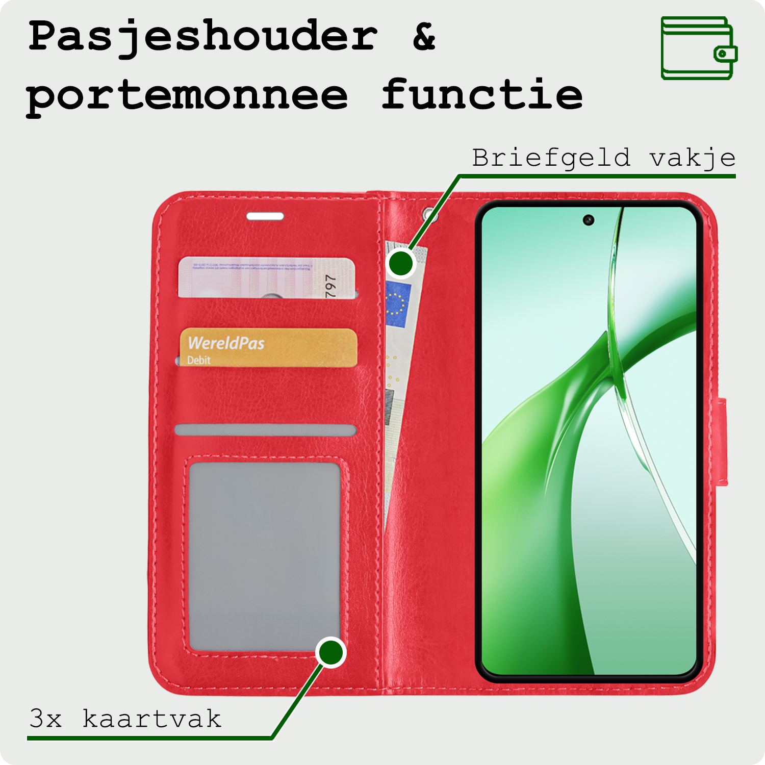 BASEY. Hoesje Geschikt voor OnePlus Nord CE4 Hoesje Book Case Hoes Portemonnee Cover Walletcase Met 2x Screenprotector - Hoes Geschikt voor OnePlus Nord CE4 Hoes Bookcase Hoesje - Rood