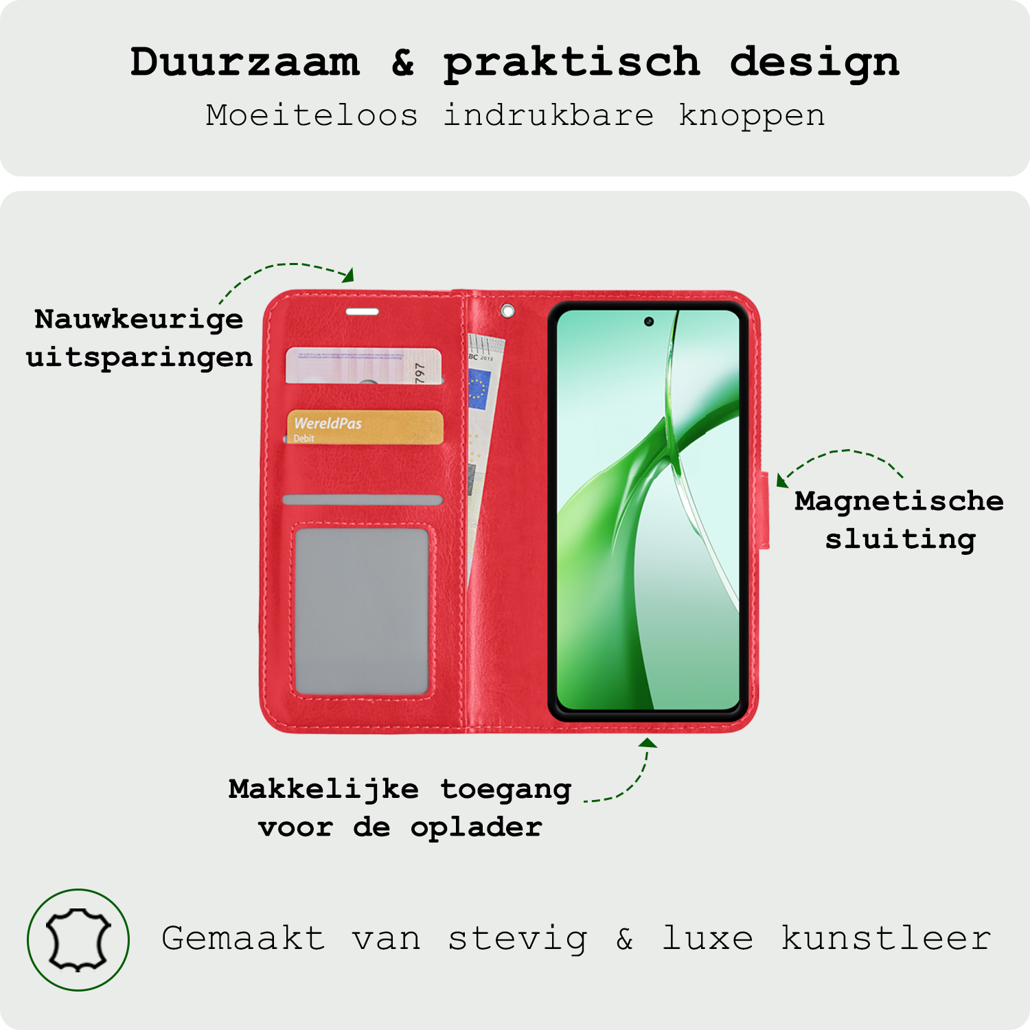 BASEY. Hoesje Geschikt voor OnePlus Nord CE4 Hoesje Book Case Hoes Portemonnee Cover Walletcase Met 2x Screenprotector - Hoes Geschikt voor OnePlus Nord CE4 Hoes Bookcase Hoesje - Rood