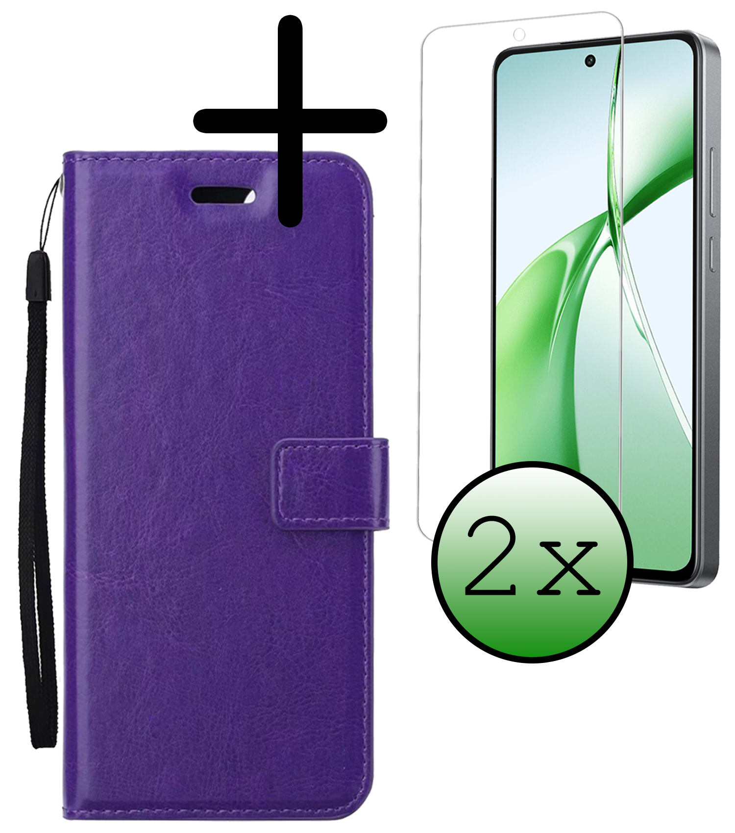 BASEY. Hoesje Geschikt voor OnePlus Nord CE4 Hoesje Book Case Hoes Portemonnee Cover Walletcase Met 2x Screenprotector - Hoes Geschikt voor OnePlus Nord CE4 Hoes Bookcase Hoesje - Paars
