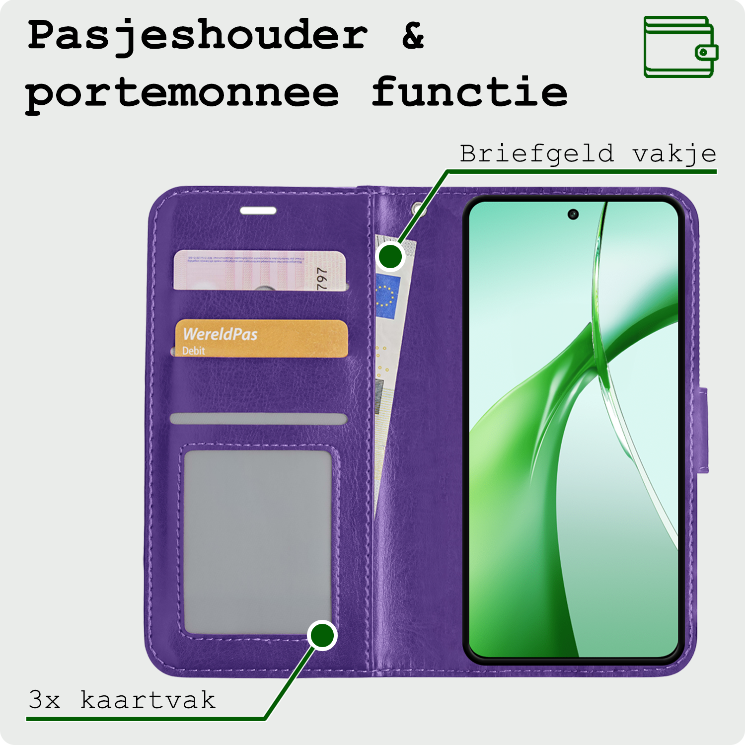 BASEY. Hoesje Geschikt voor OnePlus Nord CE4 Hoesje Book Case Hoes Portemonnee Cover Walletcase Met 2x Screenprotector - Hoes Geschikt voor OnePlus Nord CE4 Hoes Bookcase Hoesje - Paars