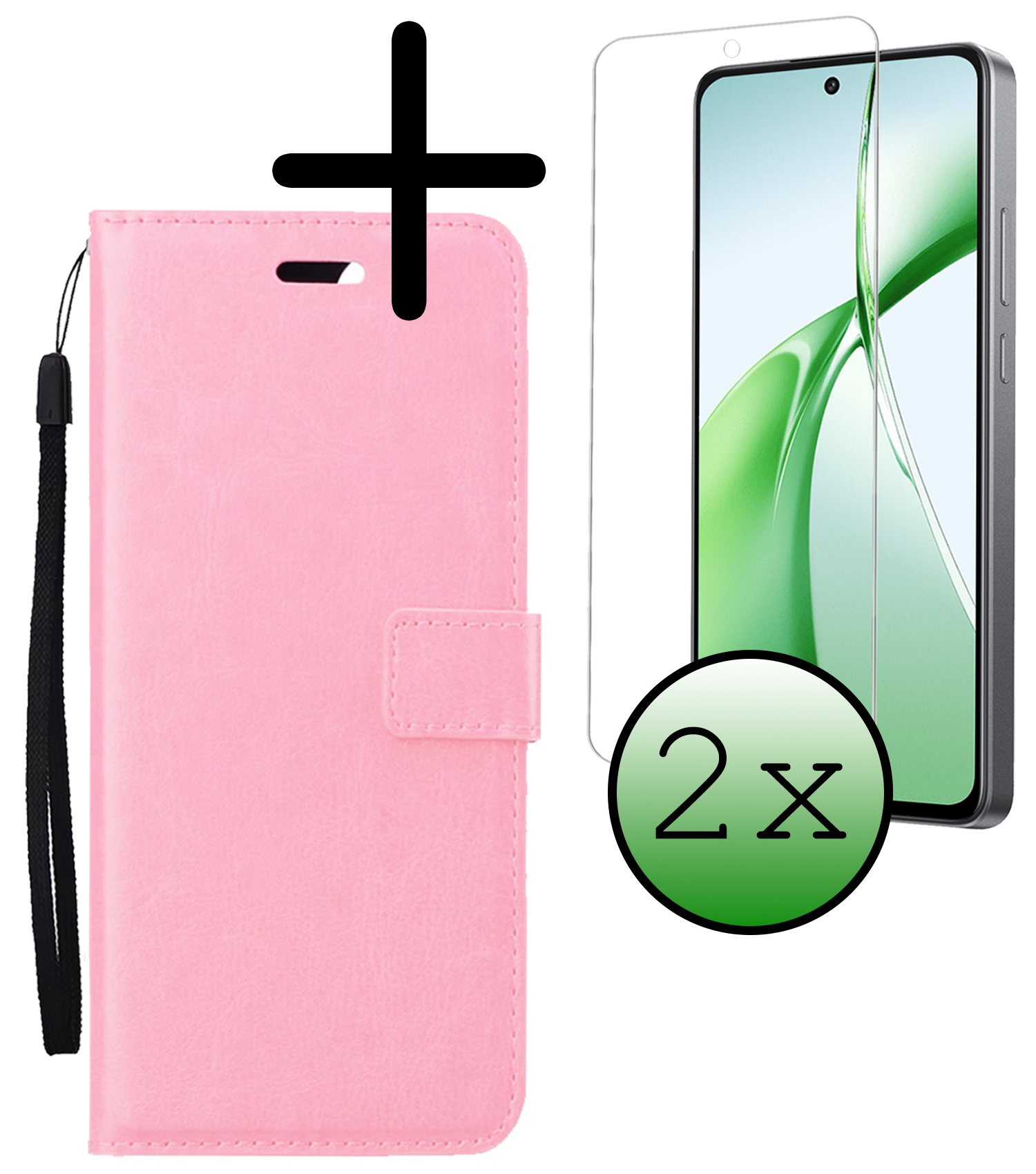 BASEY. Hoesje Geschikt voor OnePlus Nord CE4 Hoesje Book Case Hoes Portemonnee Cover Walletcase Met 2x Screenprotector - Hoes Geschikt voor OnePlus Nord CE4 Hoes Bookcase Hoesje - Lichtroze