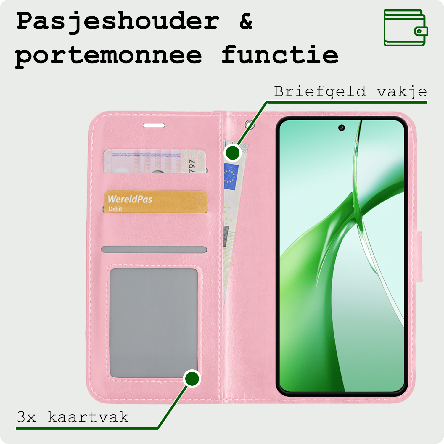 BASEY. Hoesje Geschikt voor OnePlus Nord CE4 Hoesje Book Case Hoes Portemonnee Cover Walletcase Met 2x Screenprotector - Hoes Geschikt voor OnePlus Nord CE4 Hoes Bookcase Hoesje - Lichtroze