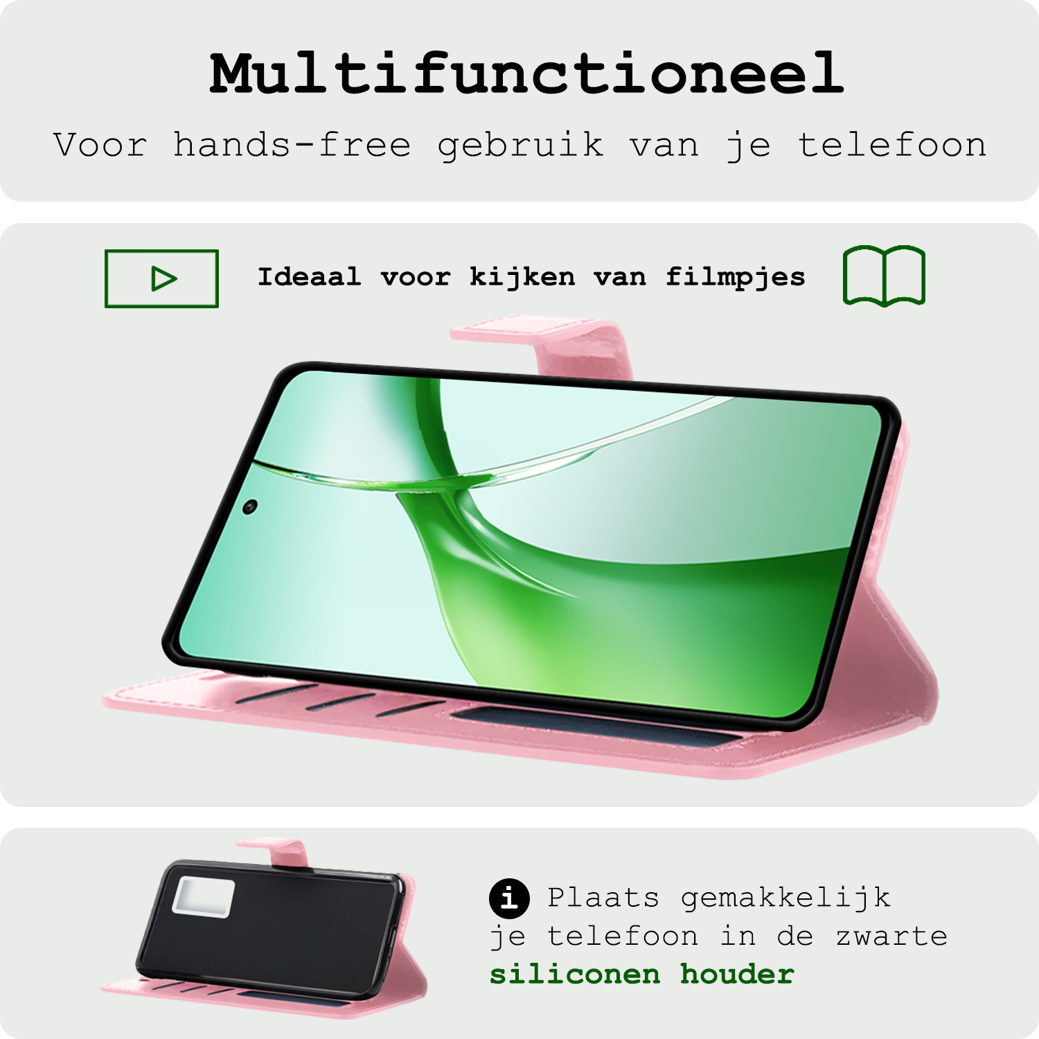 BASEY. Hoesje Geschikt voor OnePlus Nord CE4 Hoesje Book Case Hoes Portemonnee Cover Walletcase Met 2x Screenprotector - Hoes Geschikt voor OnePlus Nord CE4 Hoes Bookcase Hoesje - Lichtroze