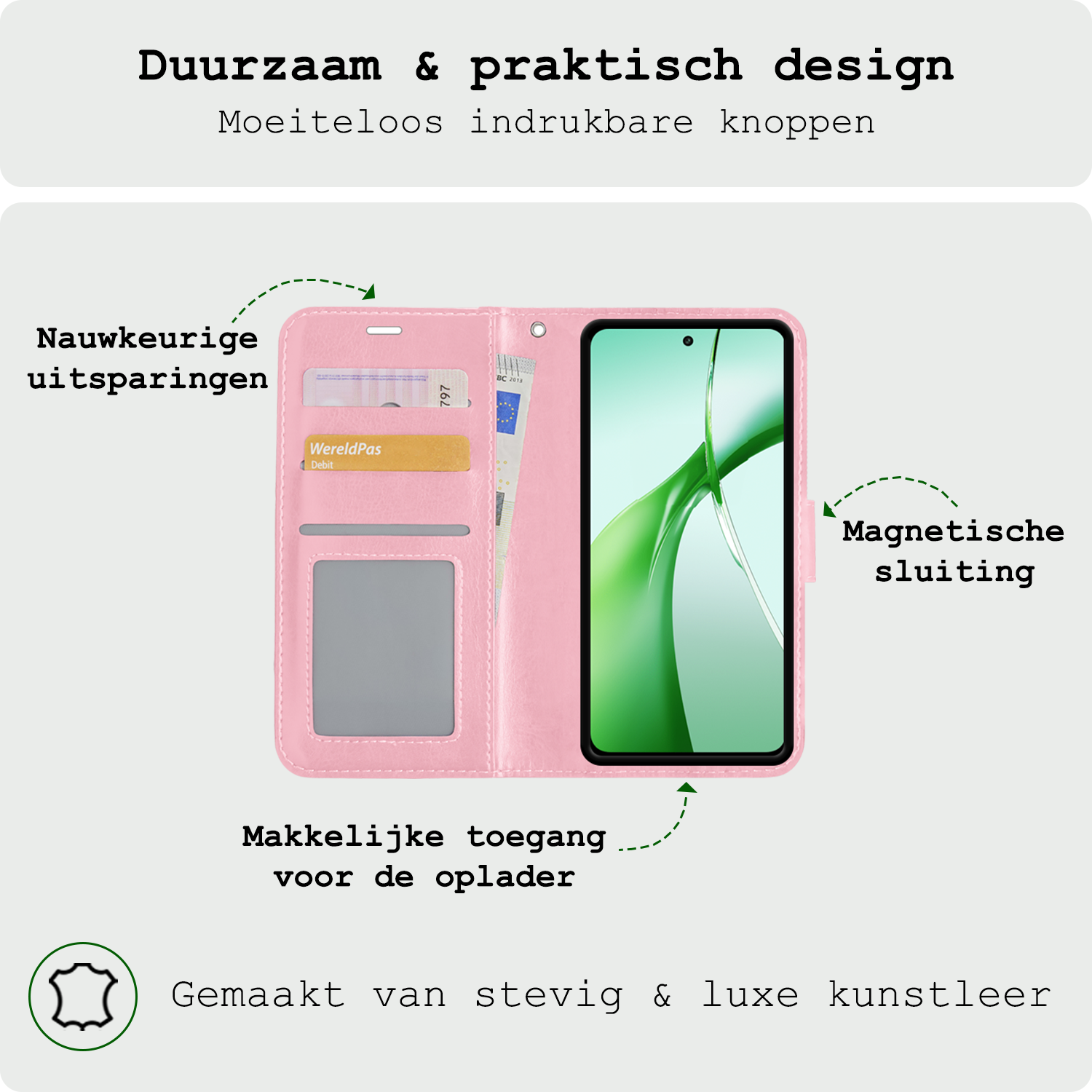 BASEY. Hoesje Geschikt voor OnePlus Nord CE4 Hoesje Book Case Hoes Portemonnee Cover Walletcase Met 2x Screenprotector - Hoes Geschikt voor OnePlus Nord CE4 Hoes Bookcase Hoesje - Lichtroze
