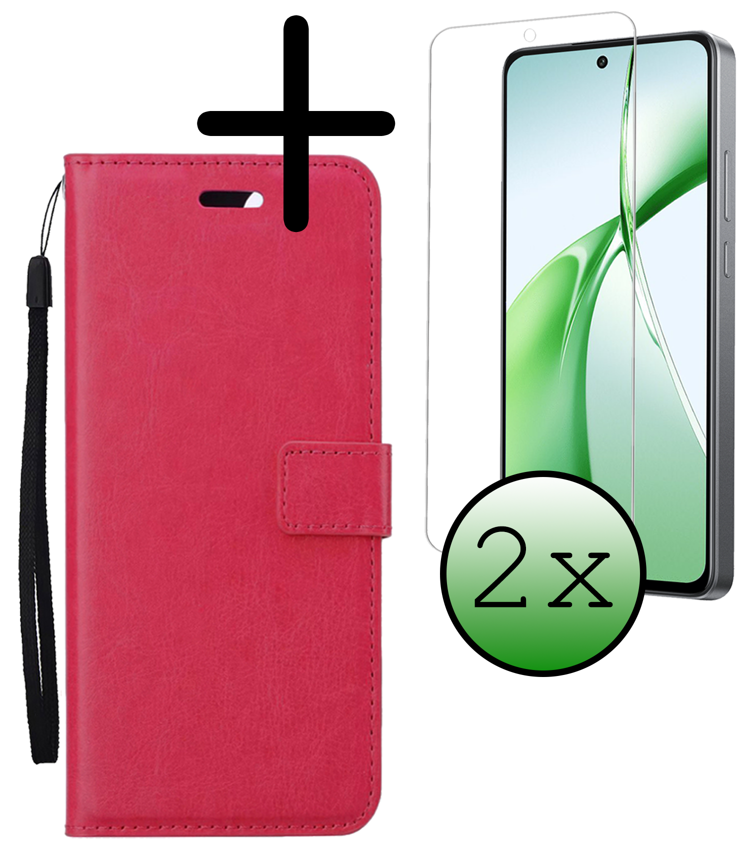 BASEY. Hoesje Geschikt voor OnePlus Nord CE4 Hoesje Book Case Hoes Portemonnee Cover Walletcase Met 2x Screenprotector - Hoes Geschikt voor OnePlus Nord CE4 Hoes Bookcase Hoesje - Donkerroze