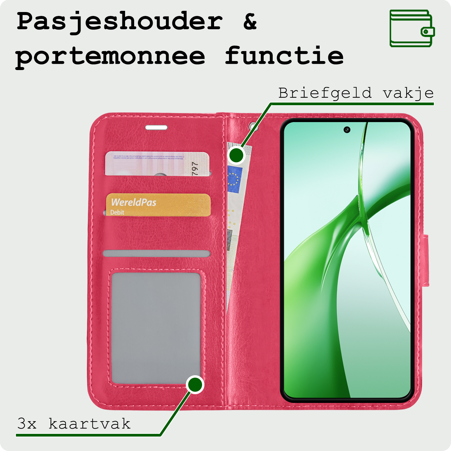 BASEY. Hoesje Geschikt voor OnePlus Nord CE4 Hoesje Book Case Hoes Portemonnee Cover Walletcase Met 2x Screenprotector - Hoes Geschikt voor OnePlus Nord CE4 Hoes Bookcase Hoesje - Donkerroze