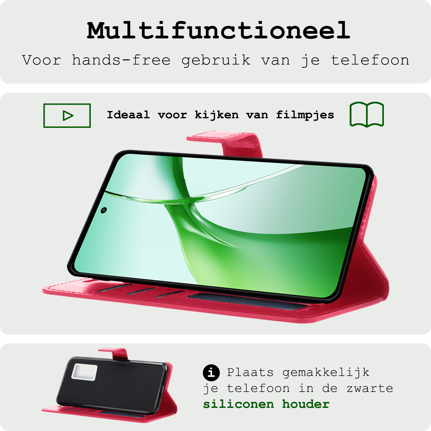 BASEY. Hoesje Geschikt voor OnePlus Nord CE4 Hoesje Book Case Hoes Portemonnee Cover Walletcase Met 2x Screenprotector - Hoes Geschikt voor OnePlus Nord CE4 Hoes Bookcase Hoesje - Donkerroze