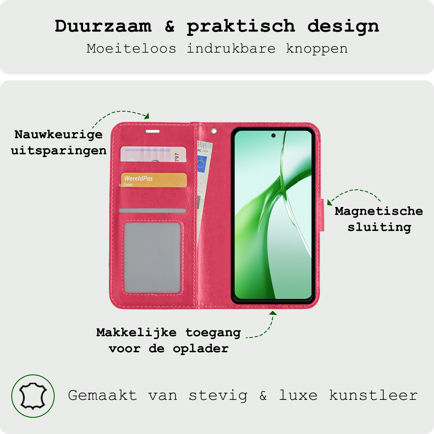 BASEY. Hoesje Geschikt voor OnePlus Nord CE4 Hoesje Book Case Hoes Portemonnee Cover Walletcase Met 2x Screenprotector - Hoes Geschikt voor OnePlus Nord CE4 Hoes Bookcase Hoesje - Donkerroze