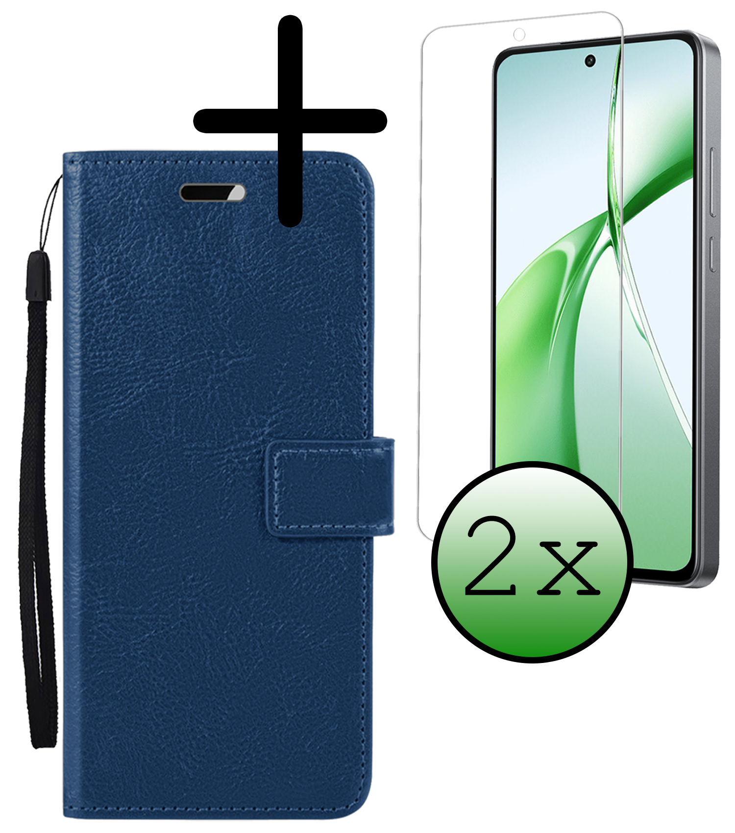 BASEY. Hoesje Geschikt voor OnePlus Nord CE4 Hoesje Book Case Hoes Portemonnee Cover Walletcase Met 2x Screenprotector - Hoes Geschikt voor OnePlus Nord CE4 Hoes Bookcase Hoesje - Donkerblauw