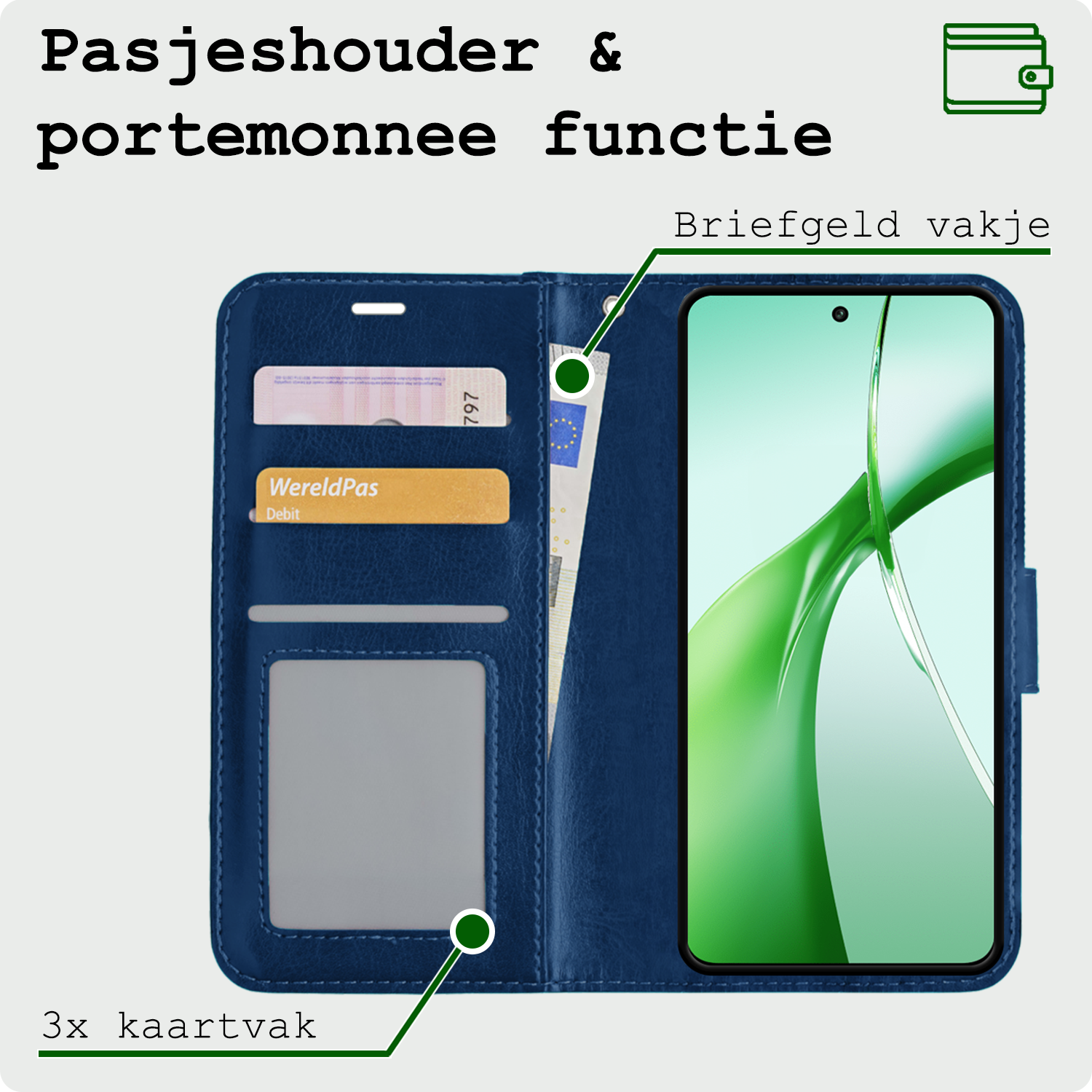 BASEY. Hoesje Geschikt voor OnePlus Nord CE4 Hoesje Book Case Hoes Portemonnee Cover Walletcase Met 2x Screenprotector - Hoes Geschikt voor OnePlus Nord CE4 Hoes Bookcase Hoesje - Donkerblauw