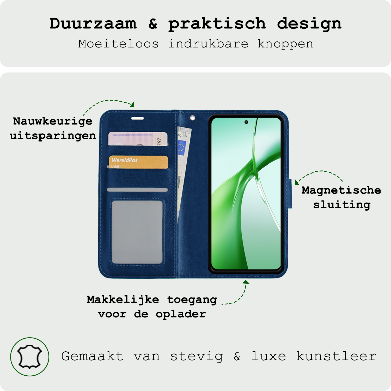 BASEY. Hoesje Geschikt voor OnePlus Nord CE4 Hoesje Book Case Hoes Portemonnee Cover Walletcase Met 2x Screenprotector - Hoes Geschikt voor OnePlus Nord CE4 Hoes Bookcase Hoesje - Donkerblauw