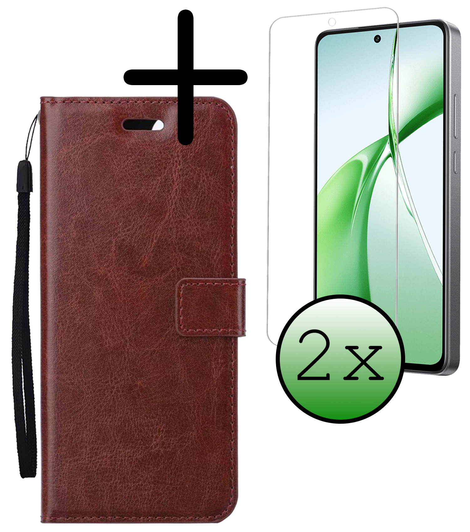 BASEY. Hoesje Geschikt voor OnePlus Nord CE4 Hoesje Book Case Hoes Portemonnee Cover Walletcase Met 2x Screenprotector - Hoes Geschikt voor OnePlus Nord CE4 Hoes Bookcase Hoesje - Bruin