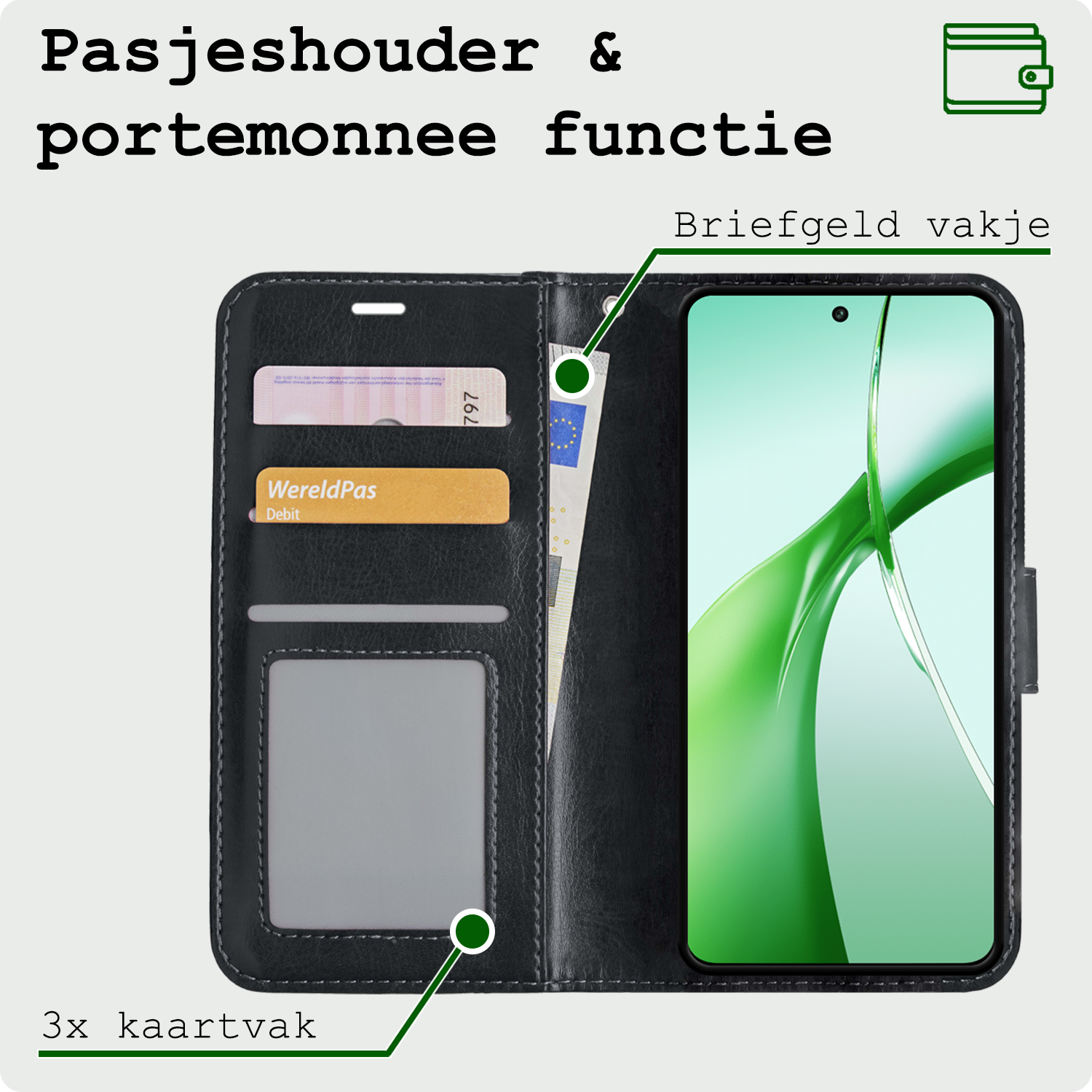 BASEY. Hoesje Geschikt voor OnePlus Nord CE4 Hoesje Book Case Hoes Portemonnee Cover Walletcase Met Screenprotector - Hoes Geschikt voor OnePlus Nord CE4 Hoes Bookcase Hoesje - Zwart