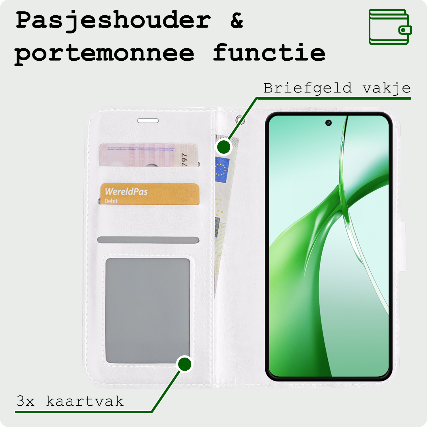 BASEY. Hoesje Geschikt voor OnePlus Nord CE4 Hoesje Book Case Hoes Portemonnee Cover Walletcase Met Screenprotector - Hoes Geschikt voor OnePlus Nord CE4 Hoes Bookcase Hoesje - Wit