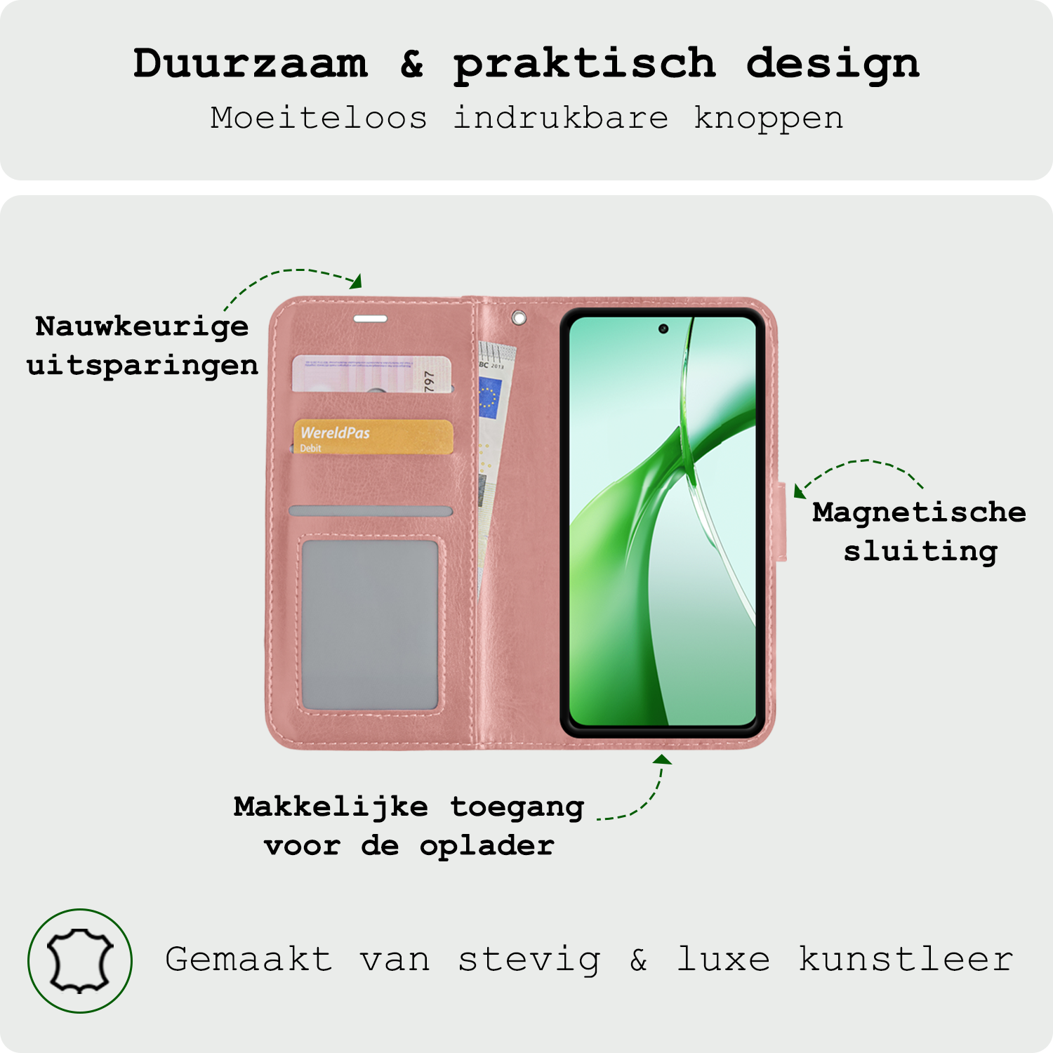 BASEY. Hoesje Geschikt voor OnePlus Nord CE4 Hoesje Book Case Hoes Portemonnee Cover Walletcase Met Screenprotector - Hoes Geschikt voor OnePlus Nord CE4 Hoes Bookcase Hoesje - Rosé goud