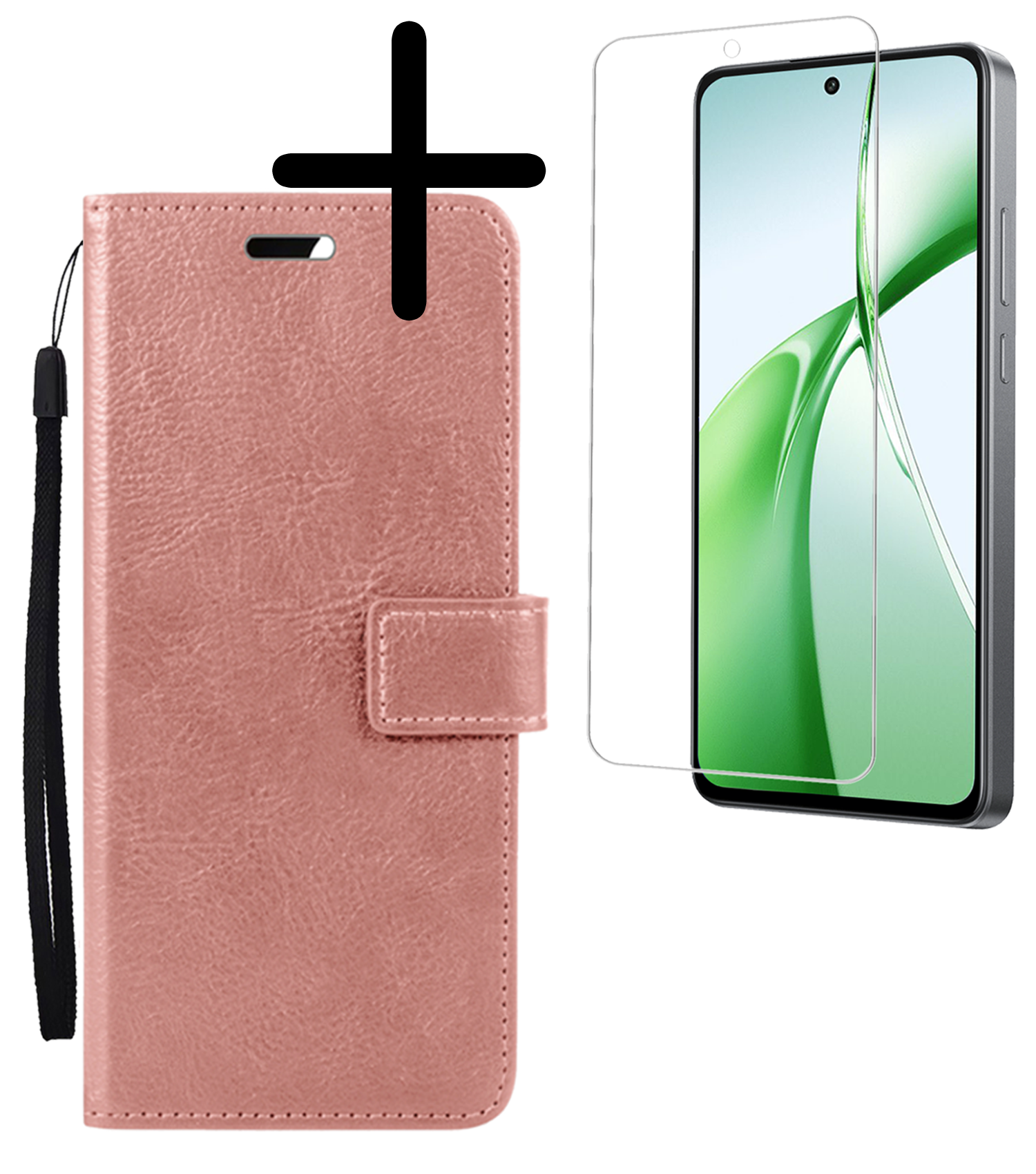 BASEY. Hoesje Geschikt voor OnePlus Nord CE4 Hoesje Book Case Hoes Portemonnee Cover Walletcase Met Screenprotector - Hoes Geschikt voor OnePlus Nord CE4 Hoes Bookcase Hoesje - Rosé goud