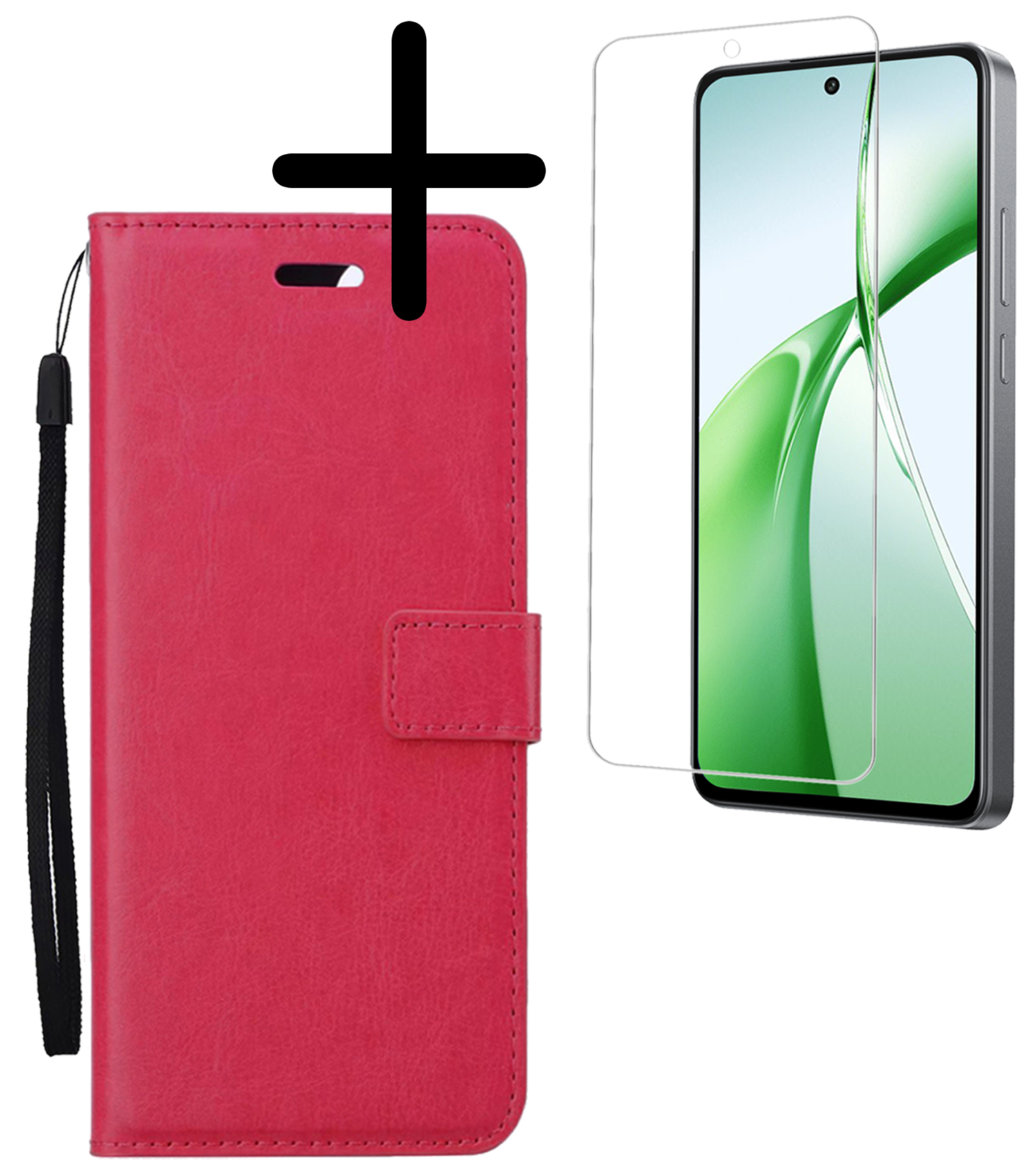 BASEY. Hoesje Geschikt voor OnePlus Nord CE4 Hoesje Book Case Hoes Portemonnee Cover Walletcase Met Screenprotector - Hoes Geschikt voor OnePlus Nord CE4 Hoes Bookcase Hoesje - Donkerroze