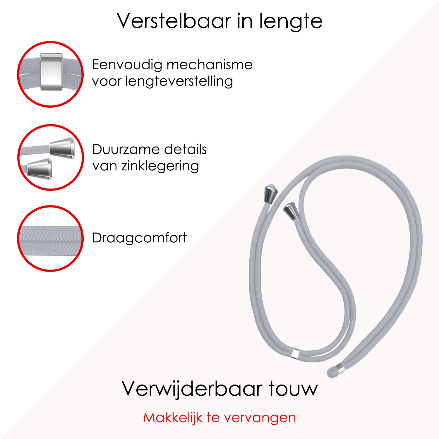 NoXx Telefoon Koord Universeel Telefoonkoord Verstelbaar - Telefoonkoorden Universeel Verstelbaar - Lichtgrijs