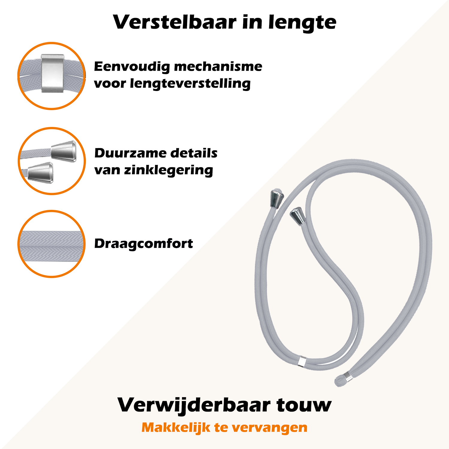 Nomfy Universeel Telefoonkoord Telefoonkoorden Verstelbaar - Universeel Telefoon Koord Polyester Telefoonkoord - Lichtgrijs