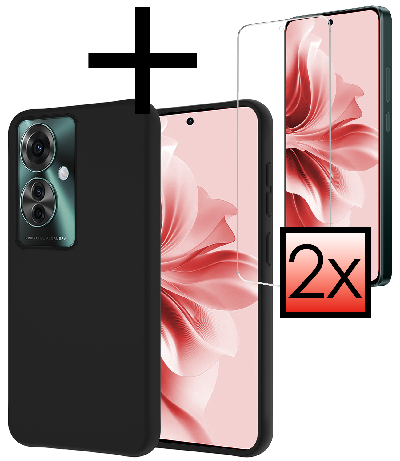 NoXx Hoesje Geschikt voor Oppo Reno11 F Hoesje Siliconen Case Hoes Met 2x Screenprotector - Hoes Geschikt voor Oppo Reno11 F Hoes Cover Case - Zwart