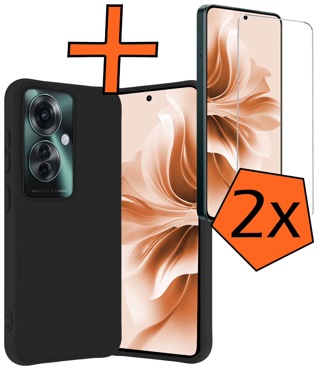 Nomfy Hoesje Geschikt voor Oppo Reno11 F Hoesje Siliconen Case Hoes Met 2x Screenprotector - Hoes Geschikt voor Oppo Reno11 F Hoes Cover Case - Zwart
