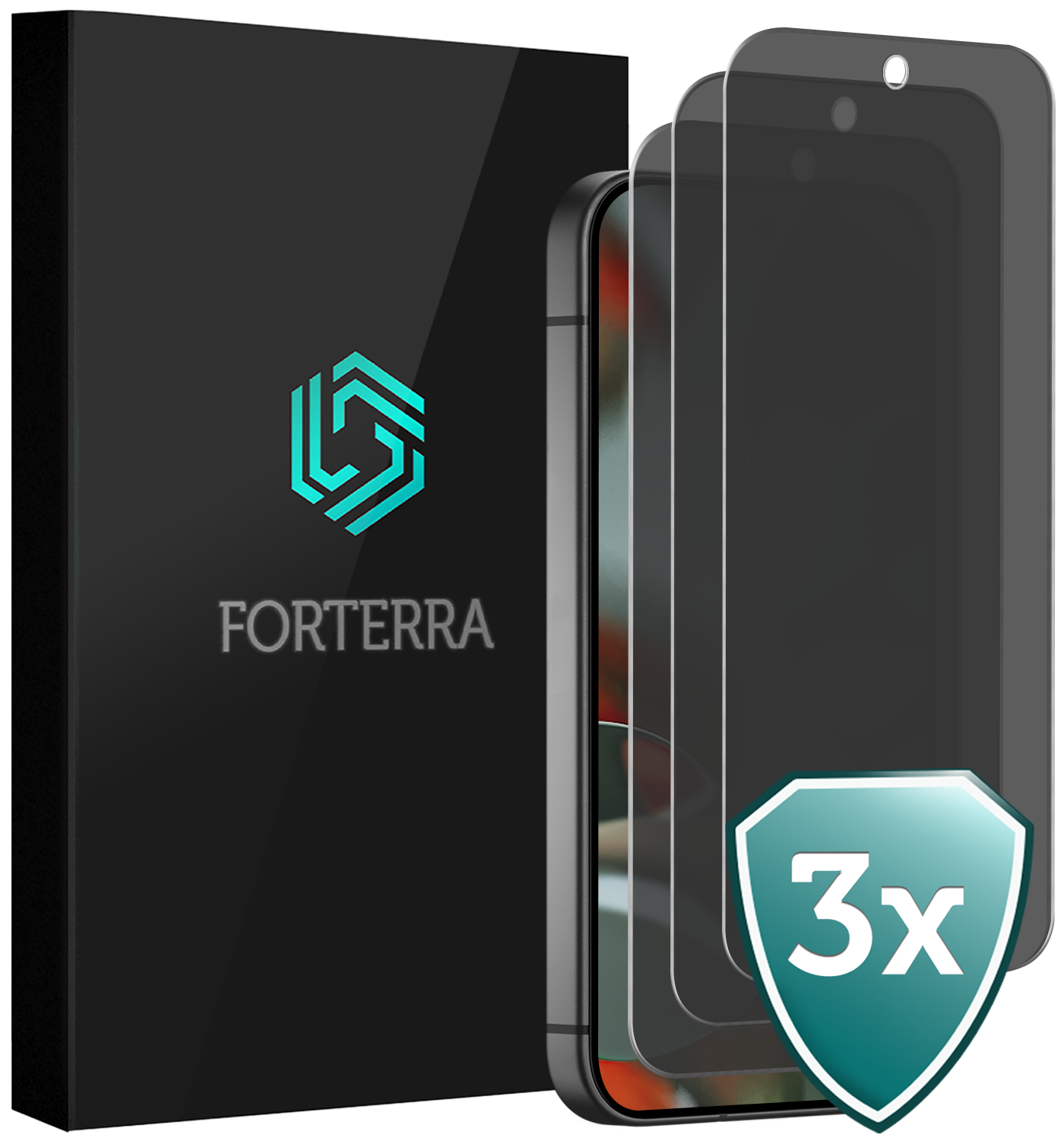 Forterra Screenprotector Geschikt voor Google Pixel 9 Pro Screenprotector Privacy Glas Gehard Full Cover - Screenprotector Geschikt voor Google Pixel 9 Pro Screenprotector Privacy Tempered Glass - 3 PACK