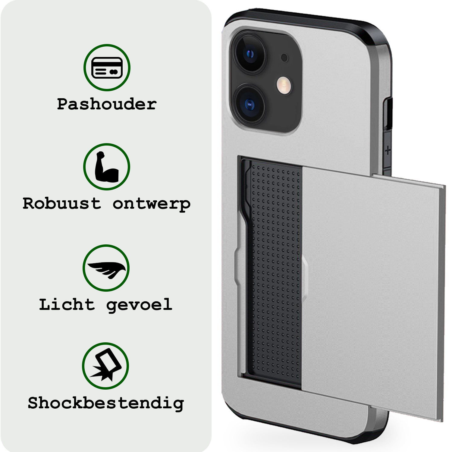 BASEY. Hoes Geschikt voor iPhone 11 Hoesje Hard Case Met Pas Houder - Hoesje Geschikt voor iPhone 11 Hoes Shockproof Hard Cover Met Kaarthouder - Grijs