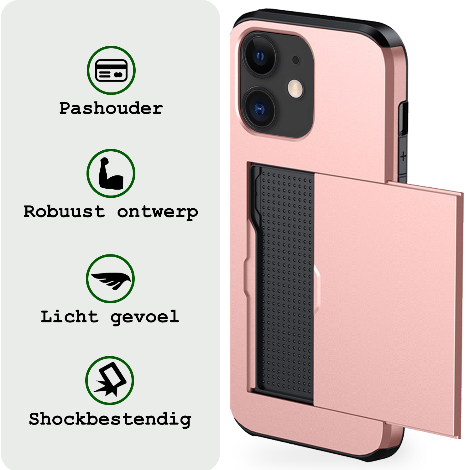 BASEY. Hoes Geschikt voor iPhone 11 Hoesje Hard Case Met Pas Houder - Hoesje Geschikt voor iPhone 11 Hoes Shockproof Hard Cover Met Kaarthouder - Rosé Goud