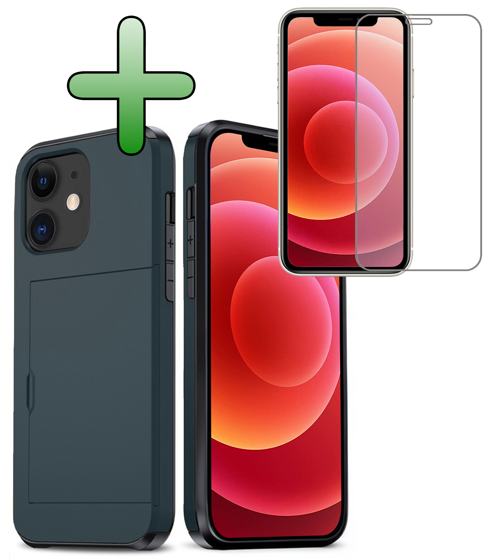 BASEY. Hoes Geschikt voor iPhone 11 Hoesje Hard Case Met Pas Houder Met Screenprotector - Hoesje Geschikt voor iPhone 11 Hoes Shockproof Hard Cover Met Kaarthouder - Donker Blauw