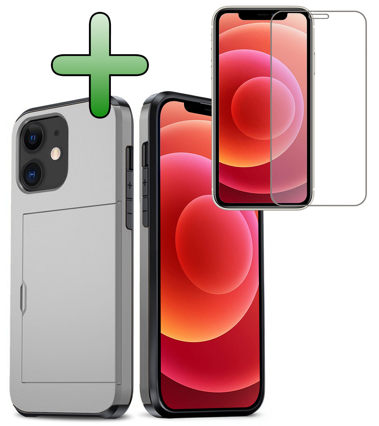 BASEY. Hoes Geschikt voor iPhone 11 Hoesje Hard Case Met Pas Houder Met Screenprotector - Hoesje Geschikt voor iPhone 11 Hoes Shockproof Hard Cover Met Kaarthouder - Grijs