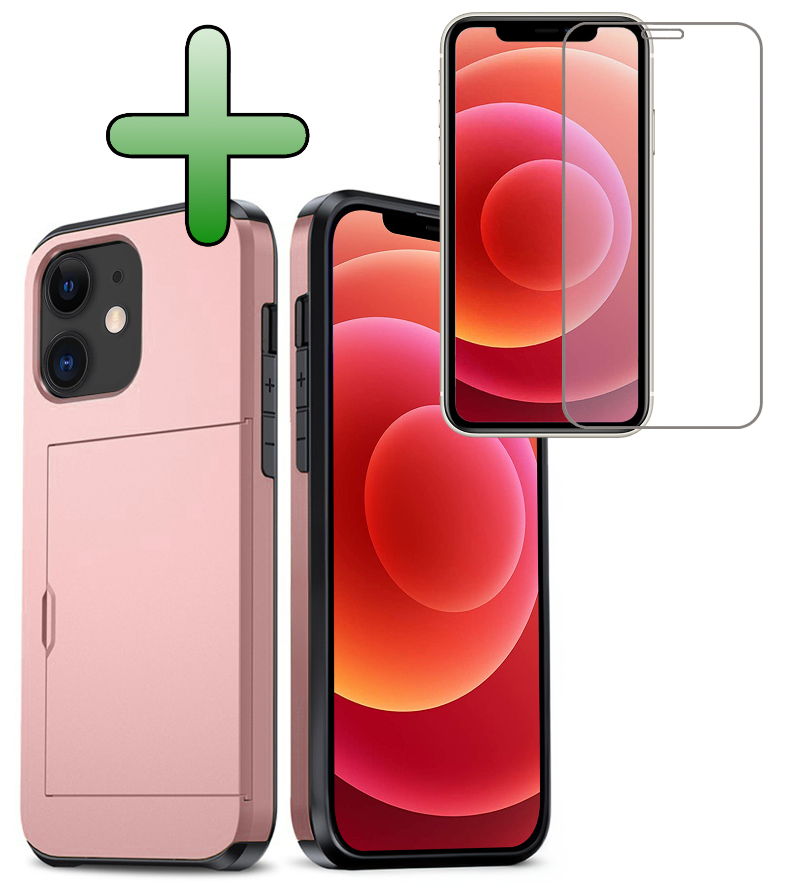 BASEY. Hoes Geschikt voor iPhone 11 Hoesje Hard Case Met Pas Houder Met Screenprotector - Hoesje Geschikt voor iPhone 11 Hoes Shockproof Hard Cover Met Kaarthouder - Rosé Goud