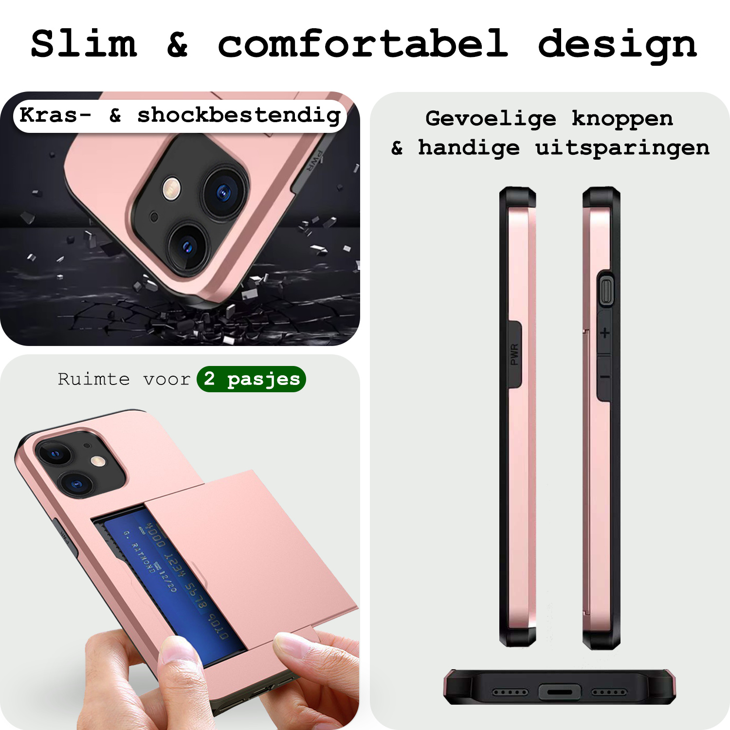 BASEY. Hoes Geschikt voor iPhone 11 Hoesje Hard Case Met Pas Houder Met Screenprotector - Hoesje Geschikt voor iPhone 11 Hoes Shockproof Hard Cover Met Kaarthouder - Rosé Goud