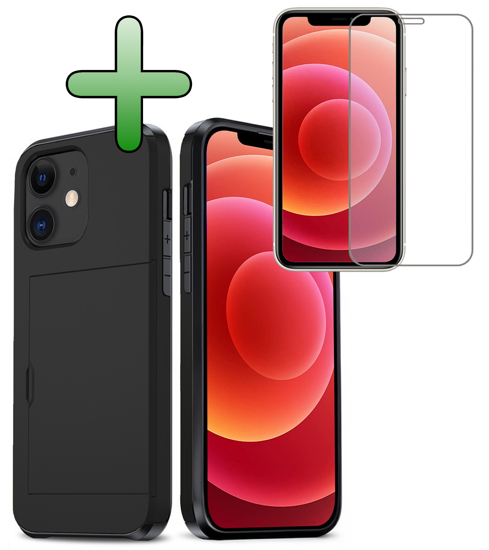 BASEY. Hoes Geschikt voor iPhone 11 Hoesje Hard Case Met Pas Houder Met Screenprotector - Hoesje Geschikt voor iPhone 11 Hoes Shockproof Hard Cover Met Kaarthouder - Zwart