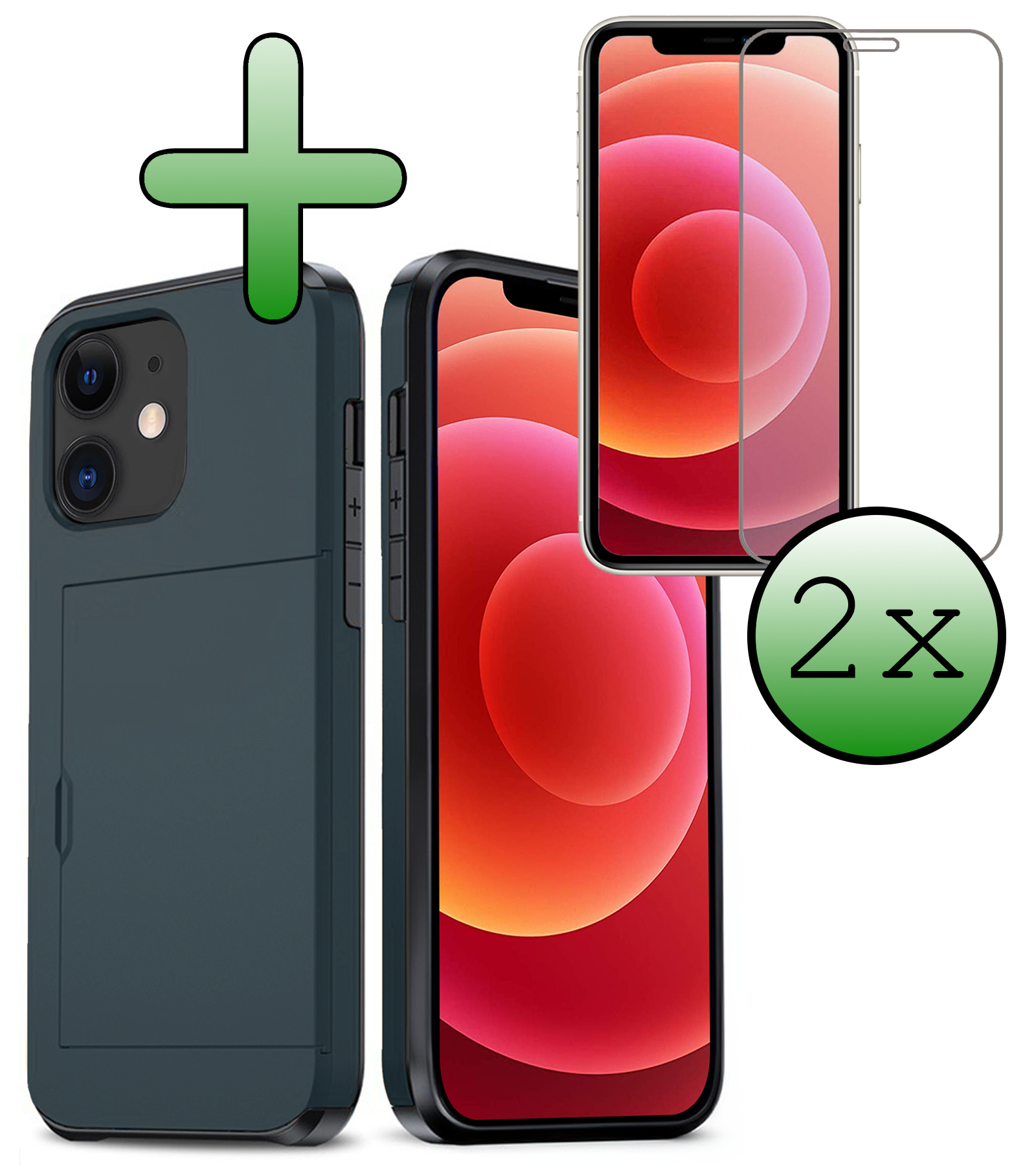 BASEY. Hoes Geschikt voor iPhone 11 Hoesje Hard Case Met Pas Houder Met 2x Screenprotector - Hoesje Geschikt voor iPhone 11 Hoes Shockproof Hard Cover Met Kaarthouder - Donker Blauw