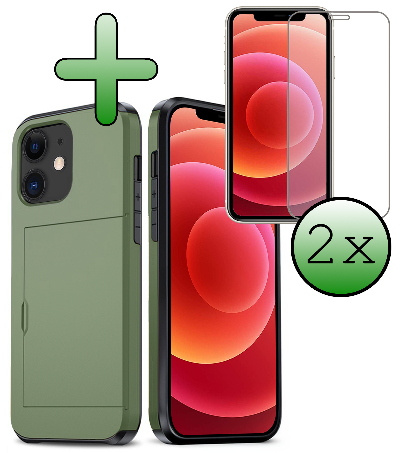 BASEY. Hoes Geschikt voor iPhone 11 Hoesje Hard Case Met Pas Houder Met 2x Screenprotector - Hoesje Geschikt voor iPhone 11 Hoes Shockproof Hard Cover Met Kaarthouder - Donker Groen