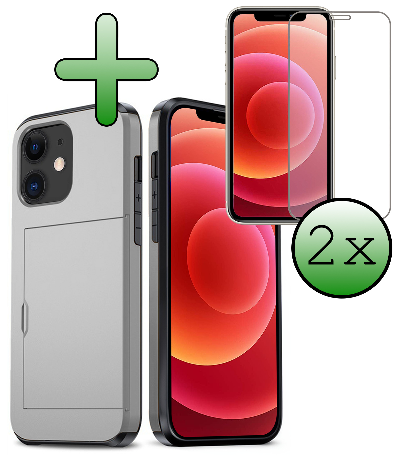 BASEY. Hoes Geschikt voor iPhone 11 Hoesje Hard Case Met Pas Houder Met 2x Screenprotector - Hoesje Geschikt voor iPhone 11 Hoes Shockproof Hard Cover Met Kaarthouder - Grijs