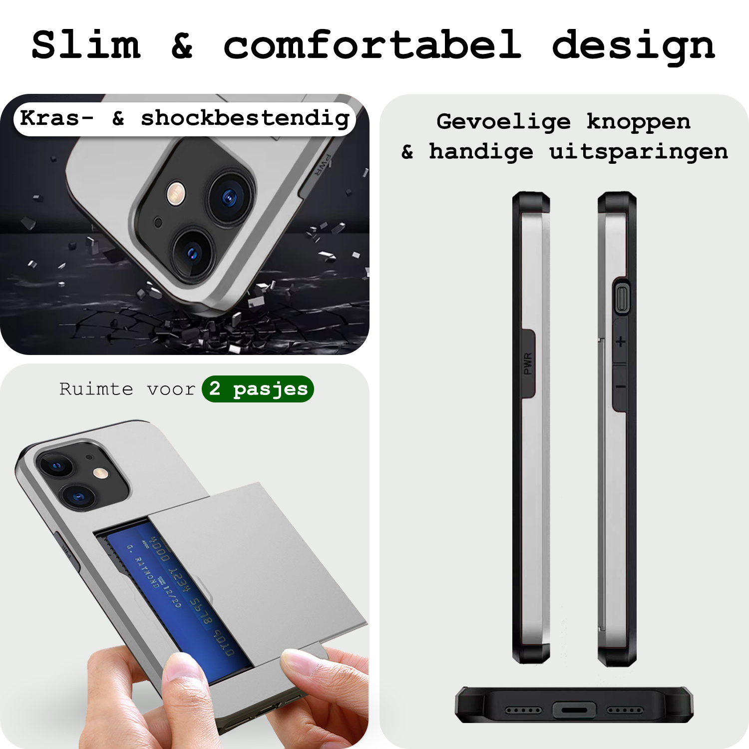 BASEY. Hoes Geschikt voor iPhone 11 Hoesje Hard Case Met Pas Houder Met 2x Screenprotector - Hoesje Geschikt voor iPhone 11 Hoes Shockproof Hard Cover Met Kaarthouder - Grijs