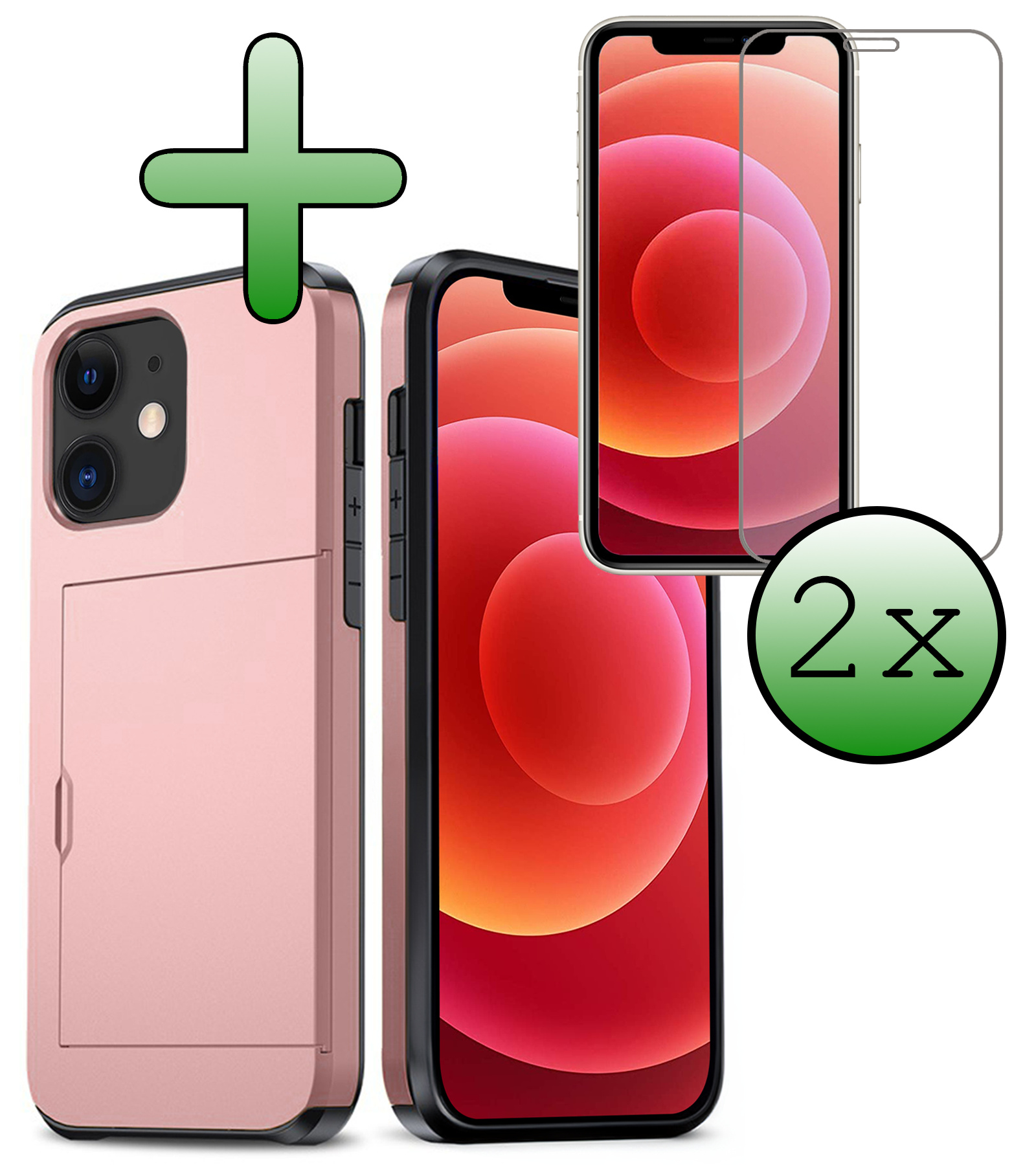 BASEY. Hoes Geschikt voor iPhone 11 Hoesje Hard Case Met Pas Houder Met 2x Screenprotector - Hoesje Geschikt voor iPhone 11 Hoes Shockproof Hard Cover Met Kaarthouder - Rosé Goud