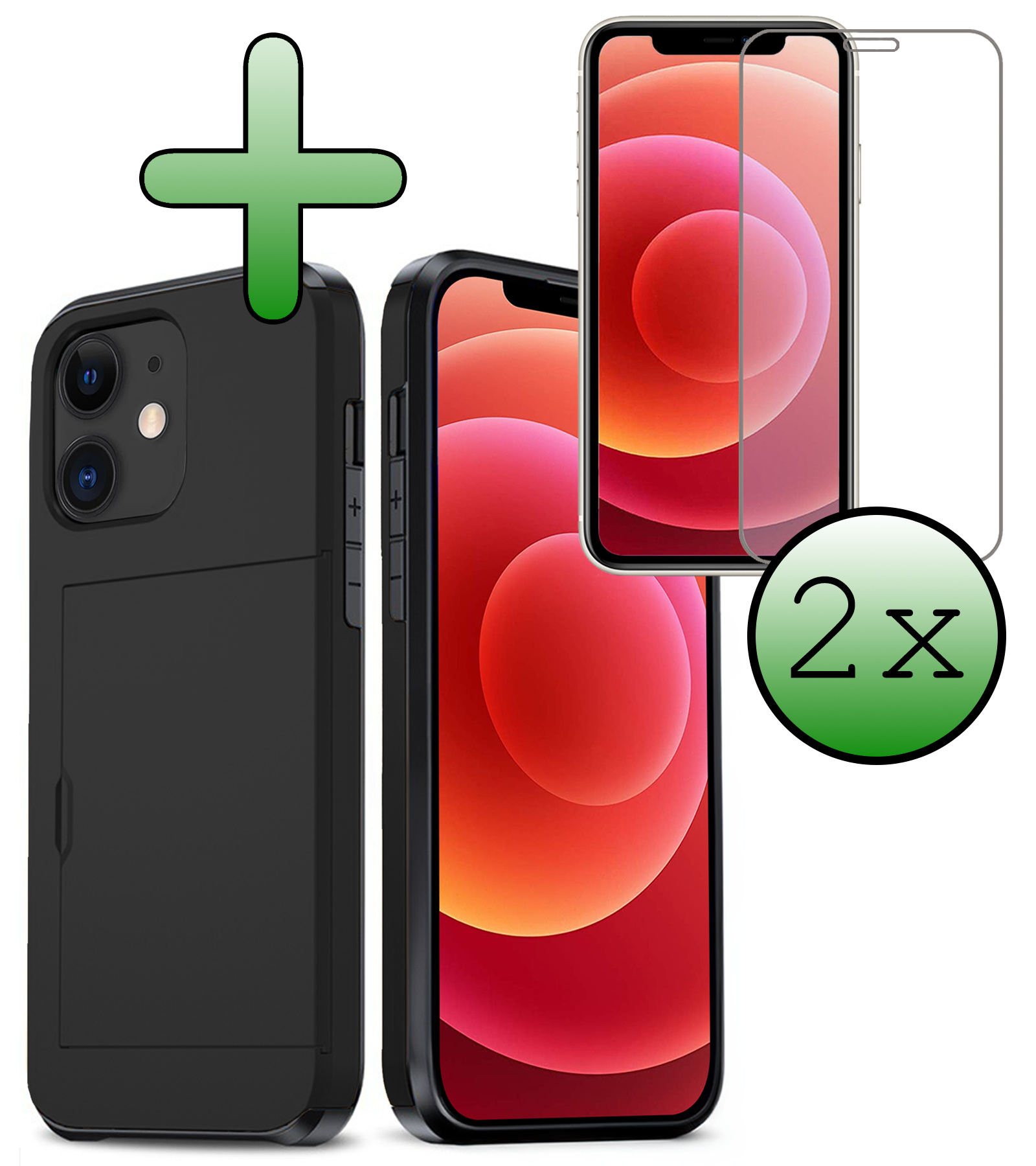 BASEY. Hoes Geschikt voor iPhone 11 Hoesje Hard Case Met Pas Houder Met 2x Screenprotector - Hoesje Geschikt voor iPhone 11 Hoes Shockproof Hard Cover Met Kaarthouder - Zwart