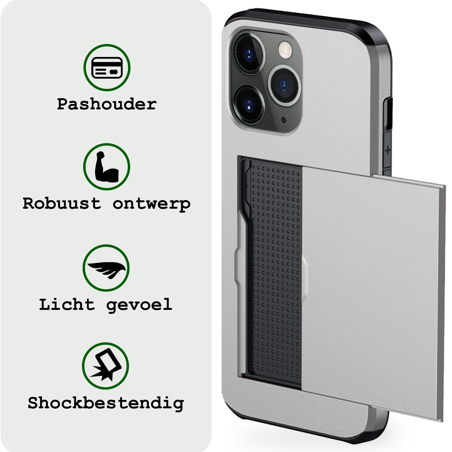 BASEY. Hoes Geschikt voor iPhone 11 Pro Hoesje Hard Case Met Pas Houder - Hoesje Geschikt voor iPhone 11 Pro Hoes Shockproof Hard Cover Met Kaarthouder - Grijs