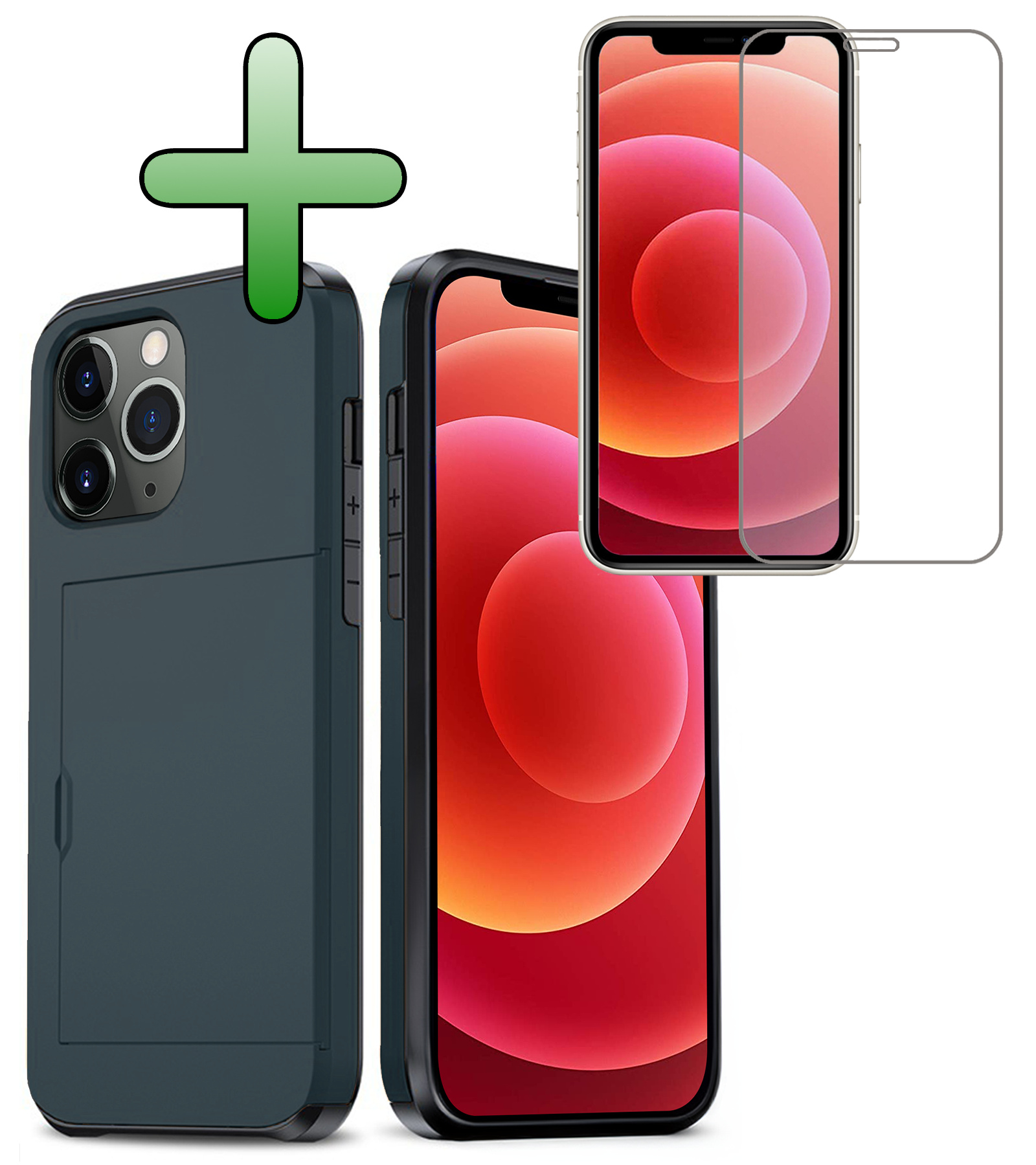 BASEY. Hoes Geschikt voor iPhone 11 Pro Hoesje Hard Case Met Pas Houder Met Screenprotector - Hoesje Geschikt voor iPhone 11 Pro Hoes Shockproof Hard Cover Met Kaarthouder - Donker Blauw
