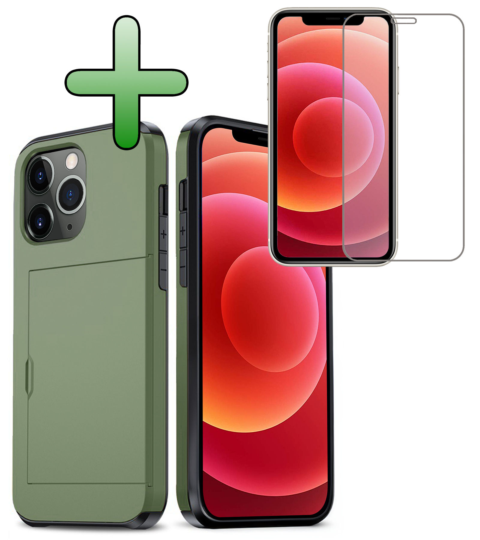 BASEY. Hoes Geschikt voor iPhone 11 Pro Hoesje Hard Case Met Pas Houder Met Screenprotector - Hoesje Geschikt voor iPhone 11 Pro Hoes Shockproof Hard Cover Met Kaarthouder - Donker Groen