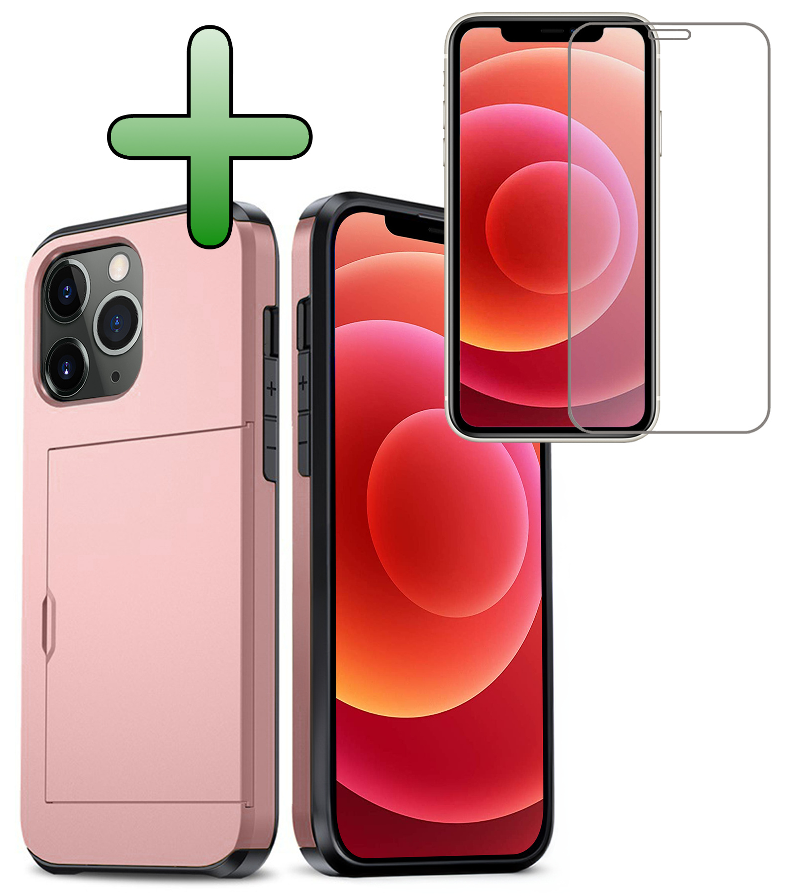 BASEY. Hoes Geschikt voor iPhone 11 Pro Hoesje Hard Case Met Pas Houder Met Screenprotector - Hoesje Geschikt voor iPhone 11 Pro Hoes Shockproof Hard Cover Met Kaarthouder - Rosé Goud