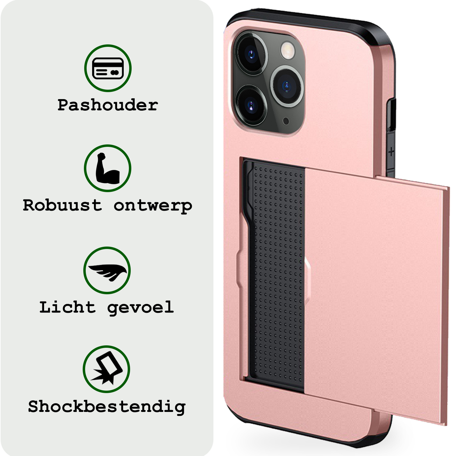 BASEY. Hoes Geschikt voor iPhone 11 Pro Hoesje Hard Case Met Pas Houder Met Screenprotector - Hoesje Geschikt voor iPhone 11 Pro Hoes Shockproof Hard Cover Met Kaarthouder - Rosé Goud