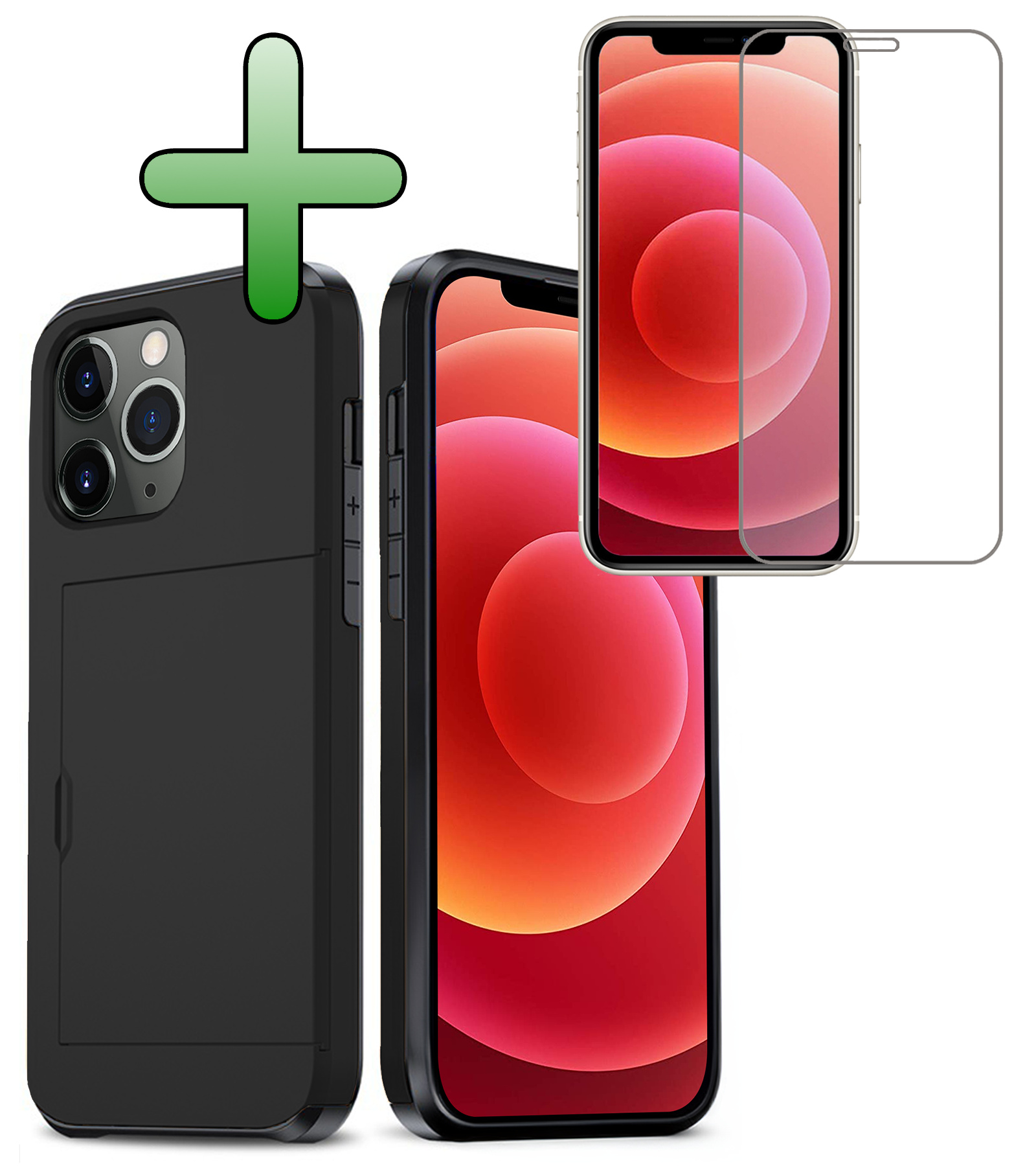 BASEY. Hoes Geschikt voor iPhone 11 Pro Hoesje Hard Case Met Pas Houder Met Screenprotector - Hoesje Geschikt voor iPhone 11 Pro Hoes Shockproof Hard Cover Met Kaarthouder - Zwart