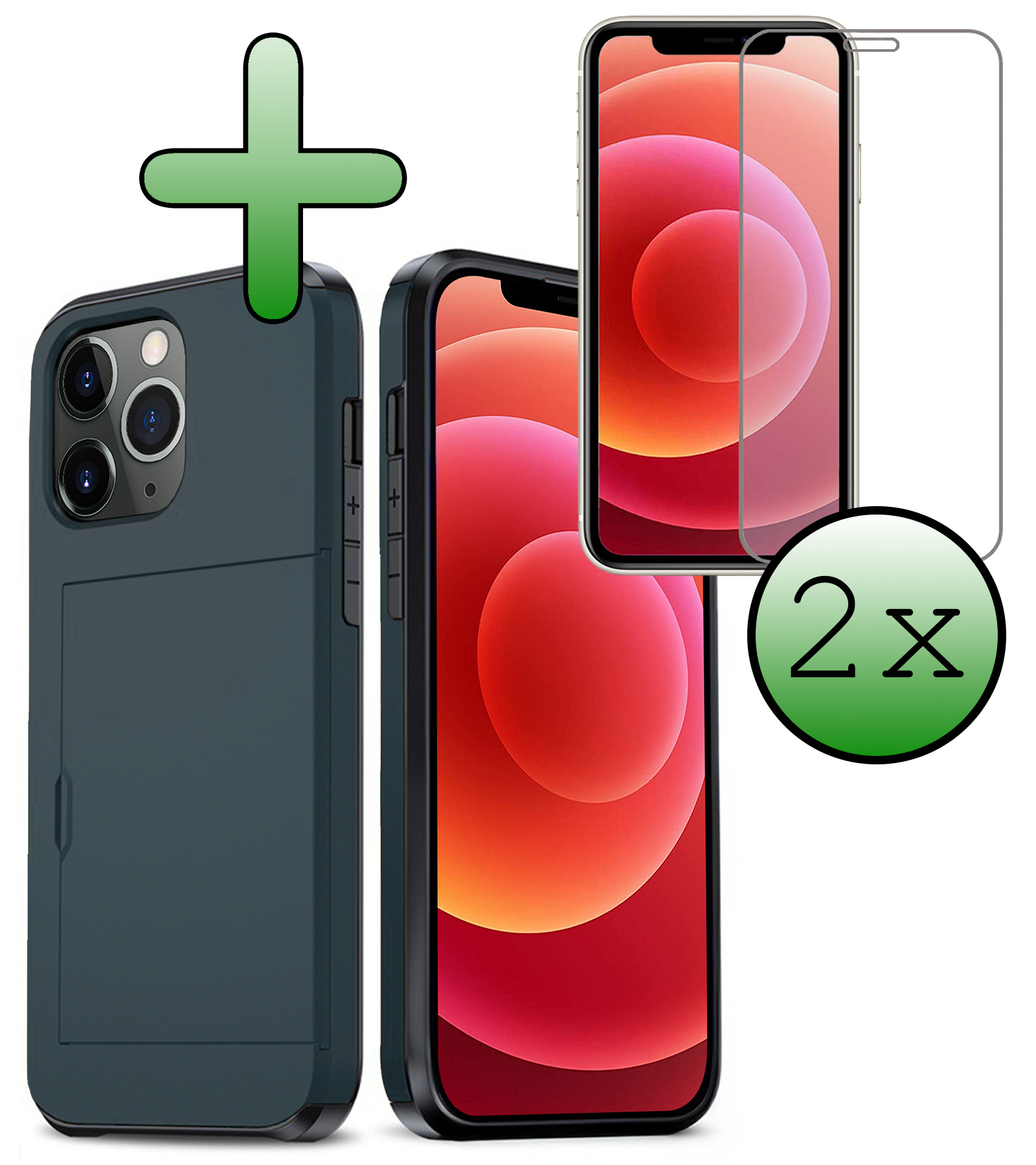 BASEY. Hoes Geschikt voor iPhone 11 Pro Hoesje Hard Case Met Pas Houder Met 2x Screenprotector - Hoesje Geschikt voor iPhone 11 Pro Hoes Shockproof Hard Cover Met Kaarthouder - Donker Blauw